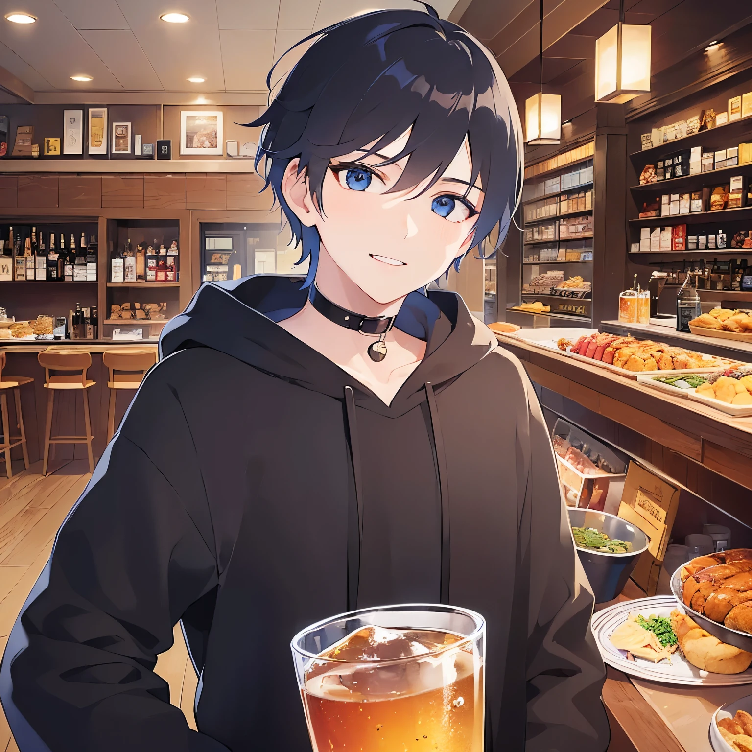 (25-year-old male:1.5) and (Black short hair) and (blue eyes),lookin at viewer,upper body
shiny skin, masterpiece、Highest quality、
black hoodie,
smile,The background is the interior of a restaurant at night.,Drinking beer