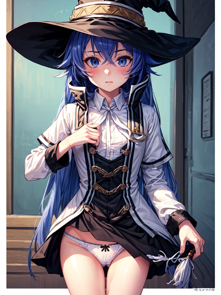 (masterpiece, Highest quality), One girl, roxy migurdia(Mushoku Tensei), One girl, alone, Small breasts, Long Hair, Blue Hair, Witch Hat, Magic Runs Out, Weakness, White panties, Black Ribbon, defenseless