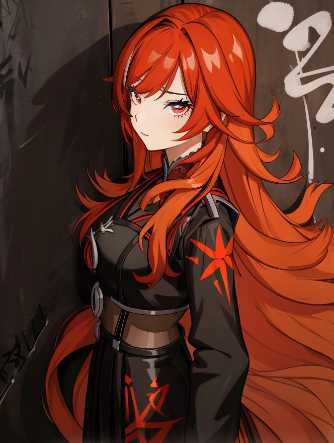 Anime girl with red hair and black suspender skirt in front of graffiti wall, Long hair动漫女孩, She has long reddish-orange hair., Attractive anime girl, Anime girl in black dress, Beautiful anime girl, Charming anime girl, Beautiful anime woman, 红色及腰Long hair, Anime style 4k, Ilya Kuvshinov(Ilya Kuvshinov)Long hair, Red-haired goddess