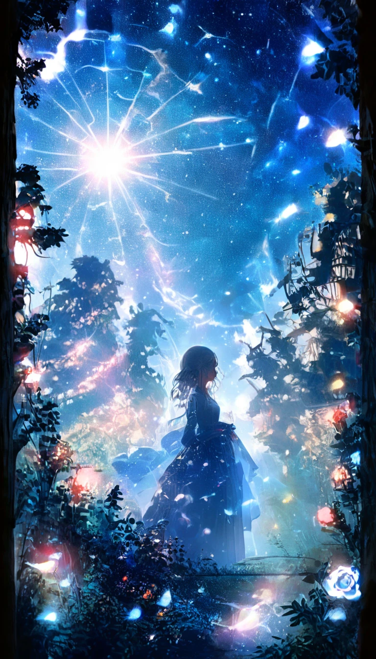 masterpiece, Concept Art, Panorama, in the center, shape, Wide Shot, garden, night, (meteor), Space galaxy background, (Great composition, Epic Scale), Dynamic Lighting, Bright colors, Blue rose,Landscape Long Eyelashes, Round eyes, Silver Hair, Half-closed eyes, sad, Cast a Shadow, Anaglyph, Stereogram, tachi-e, Atmospheric perspective, Wide Shot, reflected light, 8K, Super detailed, Highest quality, Anatomically correct