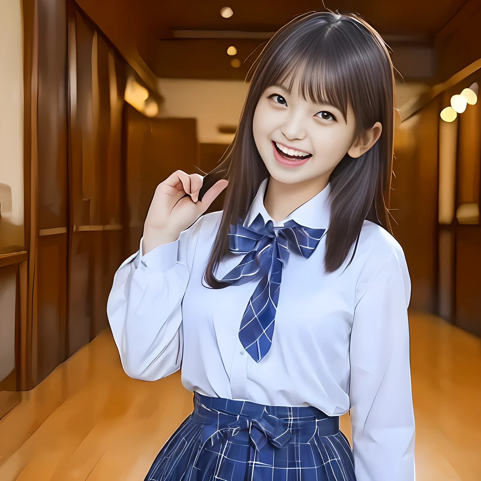 (Highest quality, masterpiece:1.2), Highest quality, High resolution, 1080P, 8K, height: 158cm, ((A noble and intelligent girl who looks like a cute Japanese young lady is giggling while magically hypnotizing the viewer)), ((So sweet, very noble, cute and pretty Japanese beautiful cute girl)), ((A real, very girly, sweet, cute and noble girl)), ((Many sacred beautiful woman dolls in the background)), ((((A , smiling beautiful Japanese cute fashion model)))), ((((Very pure white face and limbs)))), Glossy Lips, (Evenly cut bangs), ((Very beautiful, smiling brown, droopy, cute, pure, noble eyes)), ((Super long, straight black hair that reaches the floor)), Very shiny, Glossy Lips, Open hand over open mouth, Beautiful straight hair like a hair model, Watch and laugh at your audience, ((Incredibly well organized, Rich facial expressions. Plump and beautiful white skin and face)), ((Pure, clear, gentle smiling eyes)), ((Smile at me)), Glossy Lips, ((Noble and elegant)), ((As the succubus charms you with her magic and giggles)), ((((Succubus is fascinating、Calling to the depths of eternity)))), Very beautiful blue skirt, ((Large upward-curving lips)), ((Look directly at the viewer)), White Hand, ((Navy Japanese School Blazer, Navy and sapphire blue Japanese school uniform tartan check pattern pleated long skirt, Blue string ribbon tie)), ((((An ecstatic expression of boundless joy)))), ((White background girly line arts))