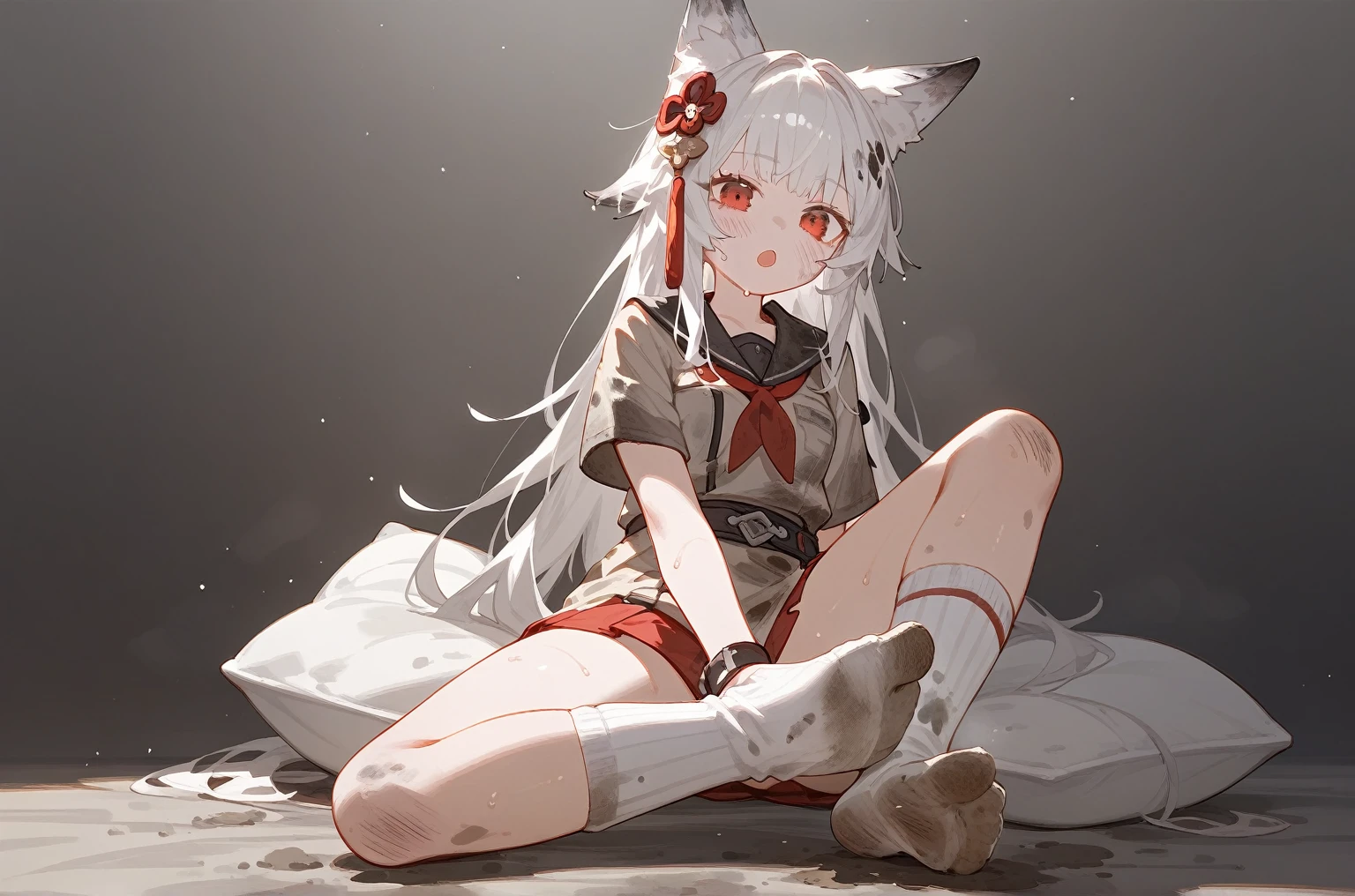 1 girl,dirty,foot,foot底,Red Eyes，breast,solitary,Long hair,White hair,,foot趾,foot部焦点,Looking at the audience,sit,Sweat,open mouth,dirty foot,Keep,indoor,Pillow,Bangs，White knee socks，Fox ears，There&#39;foot的泥土，White clothes，kimono，Japanese style，dirtyPillow，dirty床，女孩周围堆满Pillow，女孩踩踏2着Pillow，大量Pillow，Pillow上肮脏，,(Deluxe Rococo Canopy King Bed),On a big and spacious bed,(),,,,Luxurious curtains with ornate ruffles and ribbons surround the bed,((((There are many pillows piled on the bed)))),Detail of Quilt,Detailed bed sheets,女孩踩在Pillow上