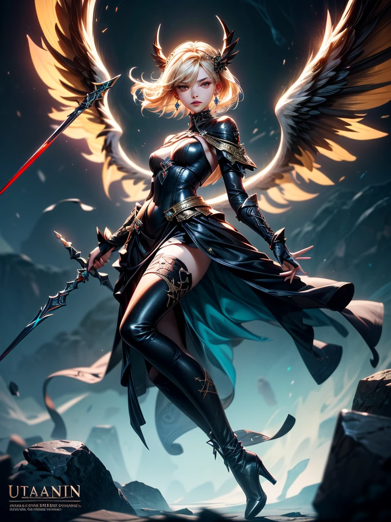 In the middle of the burning battlefield filled with broken swords and dead sodiers stand beatiful female fallen angel with black wings , she have beautiful face her eyes is golden yellow she have dark red lipstick and black eyeshadows she have piersing ring on her lip and cross shaped earrings on her ears her hair golden blond with black highlights with a blood red halo above her head, she dressed in sexy black leather armor with long skirt and black highheels boots with betal parts she have mystic symbols tattoo on her shouders, in her hand she holding long spear, (ultra high quality fantasy art, ghothic dark fantasy style, masterpiece, ultra high quality character design, 8k quality anime art, realistic anime art, top quality wallpaper illustration, detailed ultra high quality accurate face, high quality design and accurate physic)