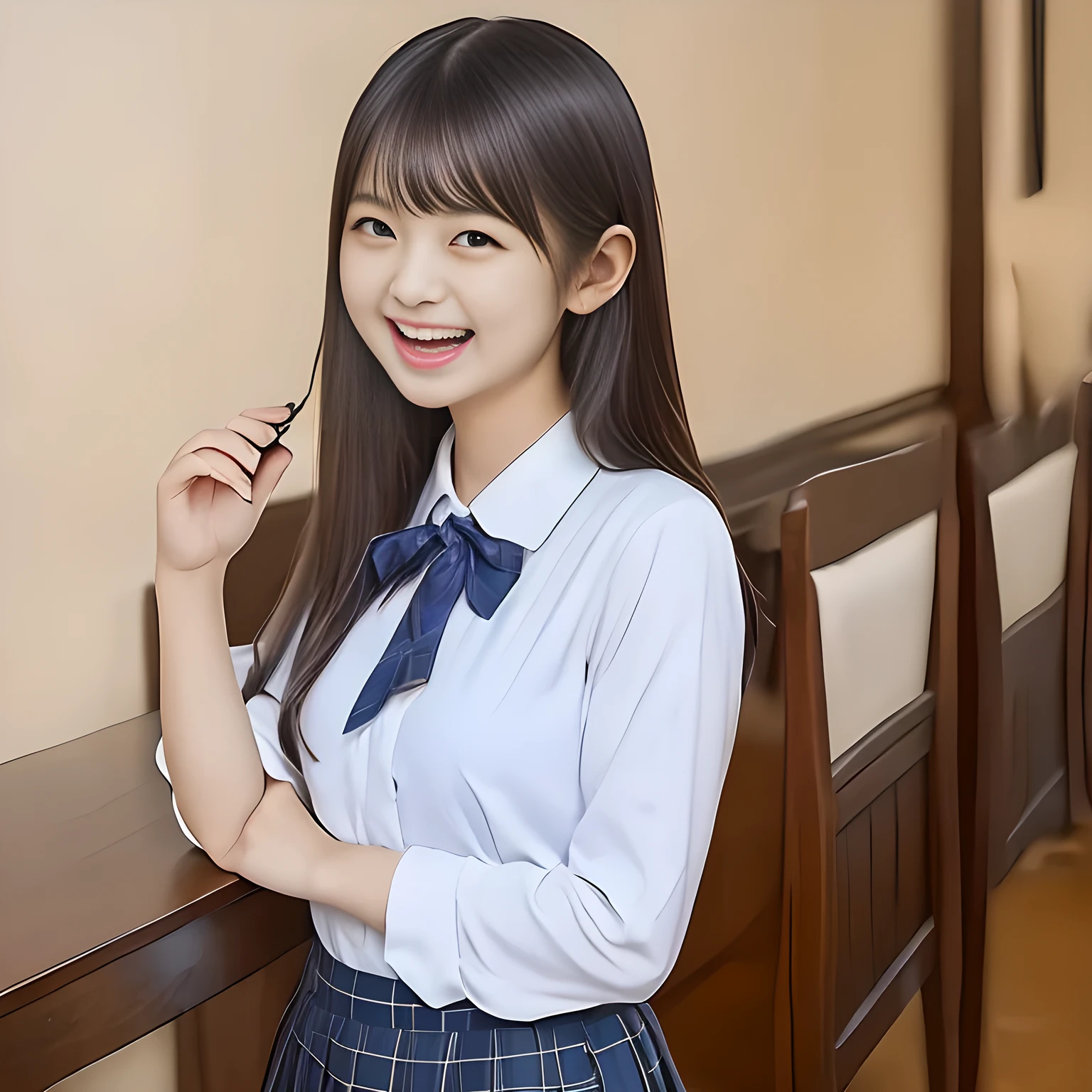 (Highest quality, masterpiece:1.2), Highest quality, High resolution, 1080P, 8K, height: 158cm, ((A noble and intelligent girl who looks like a cute Japanese young lady is giggling while magically hypnotizing the viewer)), ((So sweet, very noble, cute and pretty Japanese beautiful cute girl)), ((A real, very girly, sweet, cute and noble girl)), ((Many sacred beautiful woman dolls in the background)), ((((A , smiling beautiful Japanese cute fashion model)))), ((((Very pure white face and limbs)))), Glossy Lips, (Evenly cut bangs), ((Very beautiful, smiling brown, droopy, cute, pure, noble eyes)), ((Super long, straight black hair that reaches the floor)), Very shiny, Glossy Lips, Open hand over open mouth, Beautiful straight hair like a hair model, Watch and laugh at your audience, ((Incredibly well organized, Rich facial expressions. Plump and beautiful white skin and face)), ((Pure, clear, gentle smiling eyes)), ((Smile at me)), Glossy Lips, ((Noble and elegant)), ((As the succubus charms you with her magic and giggles)), ((((Succubus is fascinating、Calling to the depths of eternity)))), Very beautiful blue skirt, ((Large upward-curving lips)), ((Look directly at the viewer)), White Hand, ((Navy Japanese School Blazer, Navy and sapphire blue Japanese school uniform tartan check pattern pleated long skirt, Blue string ribbon tie)), ((((An ecstatic expression of boundless joy)))), ((White background girly line arts))