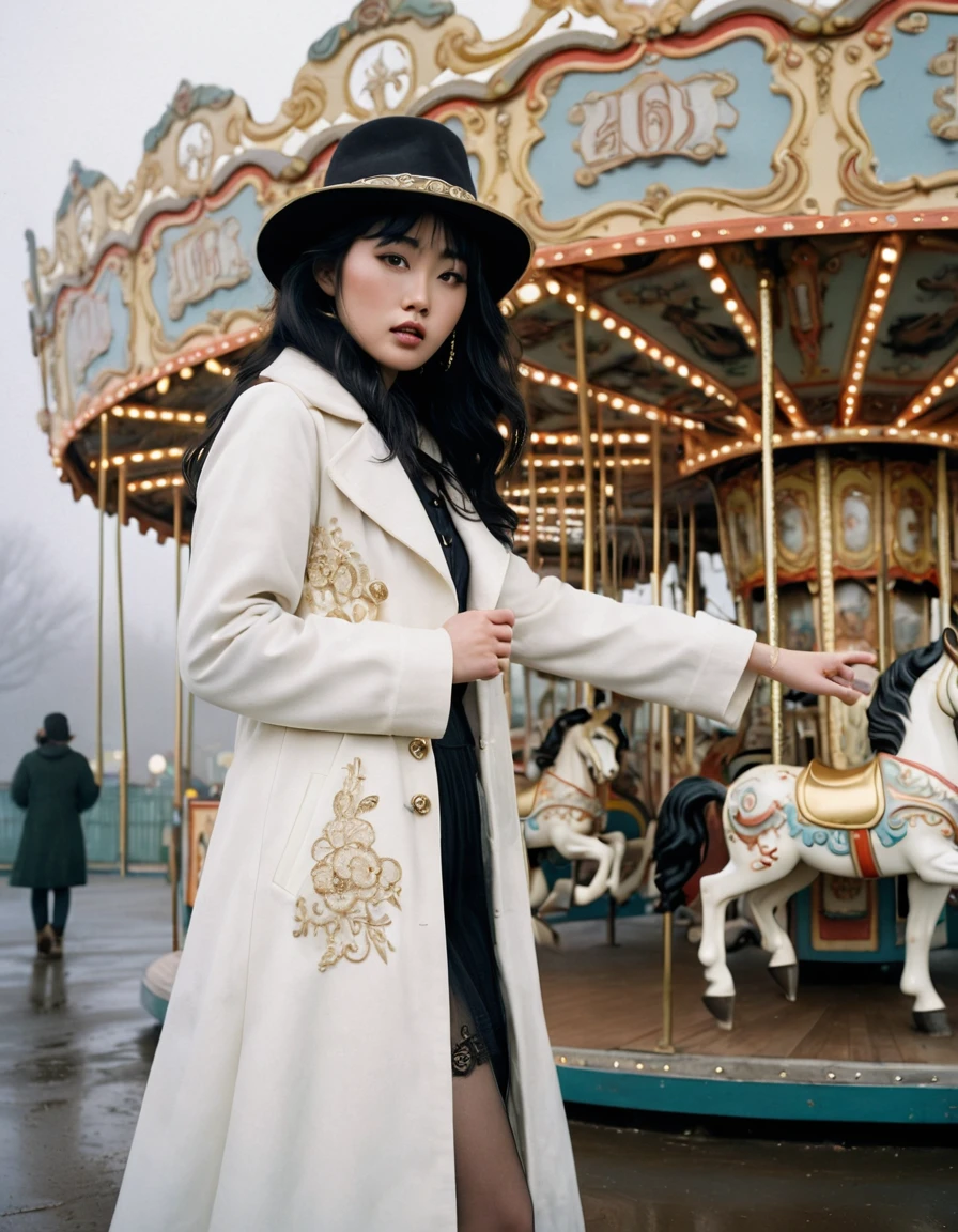 A young japanese supermodel woman, her wavy black hair and black eyes standing before the vintage carousel in an old amusement park on a foggy morning, donned in a flowing white coat with intricate gold embroidery and a matching hat embellished by a delicate silver charm, captures a memorable pose for the vintage film camera angled above as she balances one leg bent and the other straight, her arms relaxed by her sides with hands dangling loosely at hip level, the scene exuding drama and mystery.