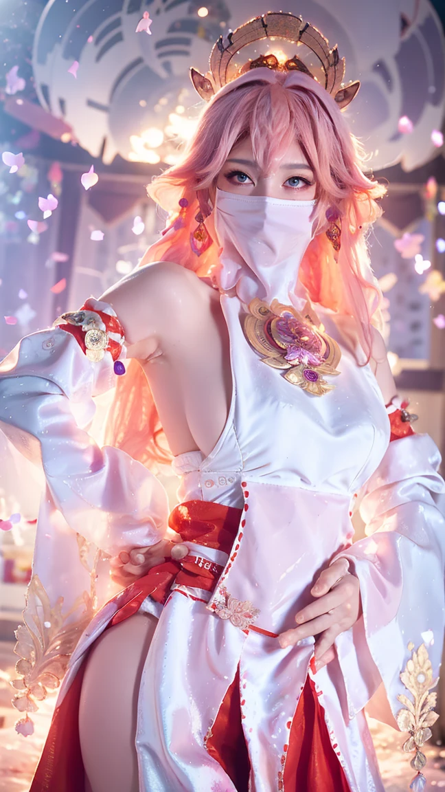 (Extremely detailed CG Unity 8K wallpaper, masterpiece, best quality), (ulzzang-6500-v1.1:0.4) 1 Girl, Korean Idol, Yae Miko, Separate sleeves, Pink Hair, Long hair, ,Long skirt,best quality, (Reality:1.2), (Hair accessories:1.35), Jewelry, Fox ears, Wearing a veil, (White Veil, Silk veil:1.2), Purple Eyes, earrings,, Delicate face, Face Focus, (Looking at the audience:1.25), Glowing skin, Long sleeve, Cowboy shooting, Dynamic poses, (Bend forward, Show your armpits, Sexy pose:1.3), Game CG, , indoor, Solid color background, whole body, Elegant Posture, Concentrated expression, Ambient Lighting