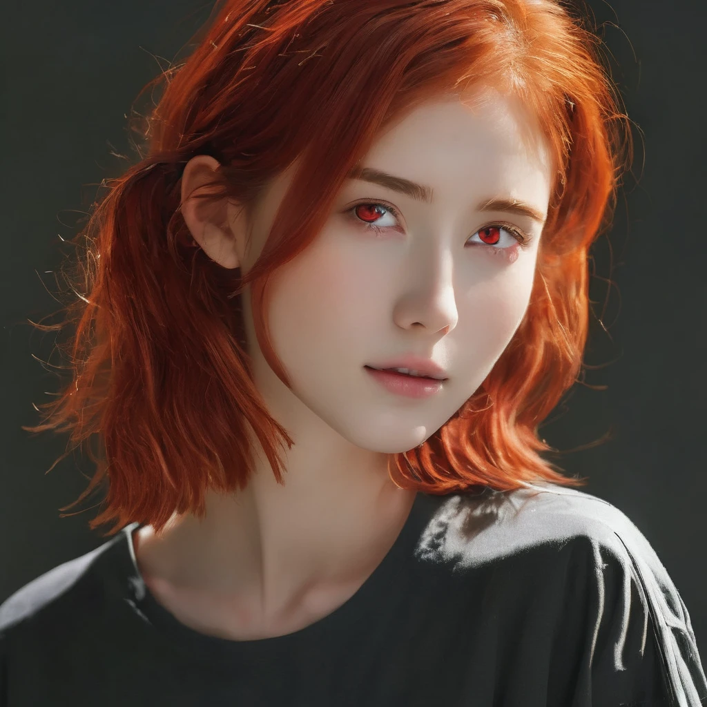 best quality, masterpiece, solo, 1girl, red hair, shirt, red eyes, black beckground, full faces