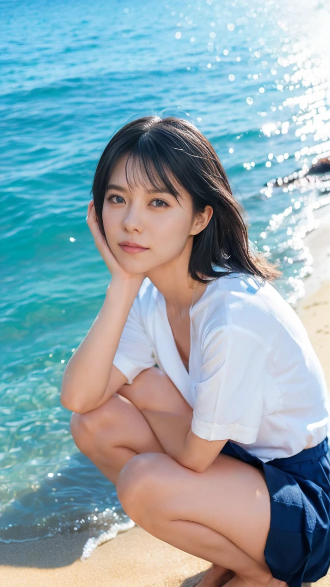 (((Top-down configuration:1.33)))、((No underwear:1.55))、One Girl、Beautiful and detailed eyes and face、barefoot、20 year old cute Japan woman, ((Extremely precise and accurate anatomy:1.0)), (photo Realistic:1.4), (hyper Realistic:1.4), (最高品質のRealisticな肌の質感:1.4), (Improvement of quality:1.4), (Enhances the beauty of skin texture:1.1), Clean and glowing skin, mesh, thin:1.2, (Realistic:1.3), Realisticなライティング, (Smoother lighting:1.05), (Improving the quality of cinema lighting:0.9), Backlight, A gentle light for your face, Ray Tracing, (Bright light:1.2), 32k, One Japanese woman, fine grain, Detailed face, (Film Grain:1.1),(Accentuates body lines:1.1), High resolution, Natural look, Kind eyes, Improves hair quality, Delicate light and shadow, Transparent muscles, Graceful pose, Beautiful Eyes, Sharp details, Soft light reflection, Beautiful contours, Delicate skin tone, Fine hair texture, Natural background, (((sunny day、Beach、A strong wind is blowing、Her hair and skirt are flying、Squat, Traditional navy blue sailor uniform、Open shirt、Pleated skirt、Scooping seawater with hands:1.25、splash、Sandy Beach、Light of the sun、clear blue sea、The waves crash quietly、Blue sky and white clouds、green mountain々、Beautiful Nature、The joy of youth)))、