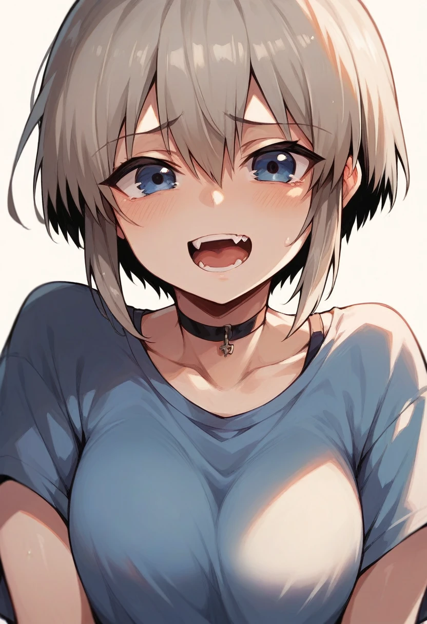 One Girl, Gray Hair, Low twin tails, There is only one mole below the eye, There is only one mole, Small breasts, Cheeky face, looking at the camera, ass pov, Brown Skin, White off-shoulder, Belly button, Sweating, Face is close, Sticking out tongue, Denim shorts, Black knee-high socks, slender, Brat, 