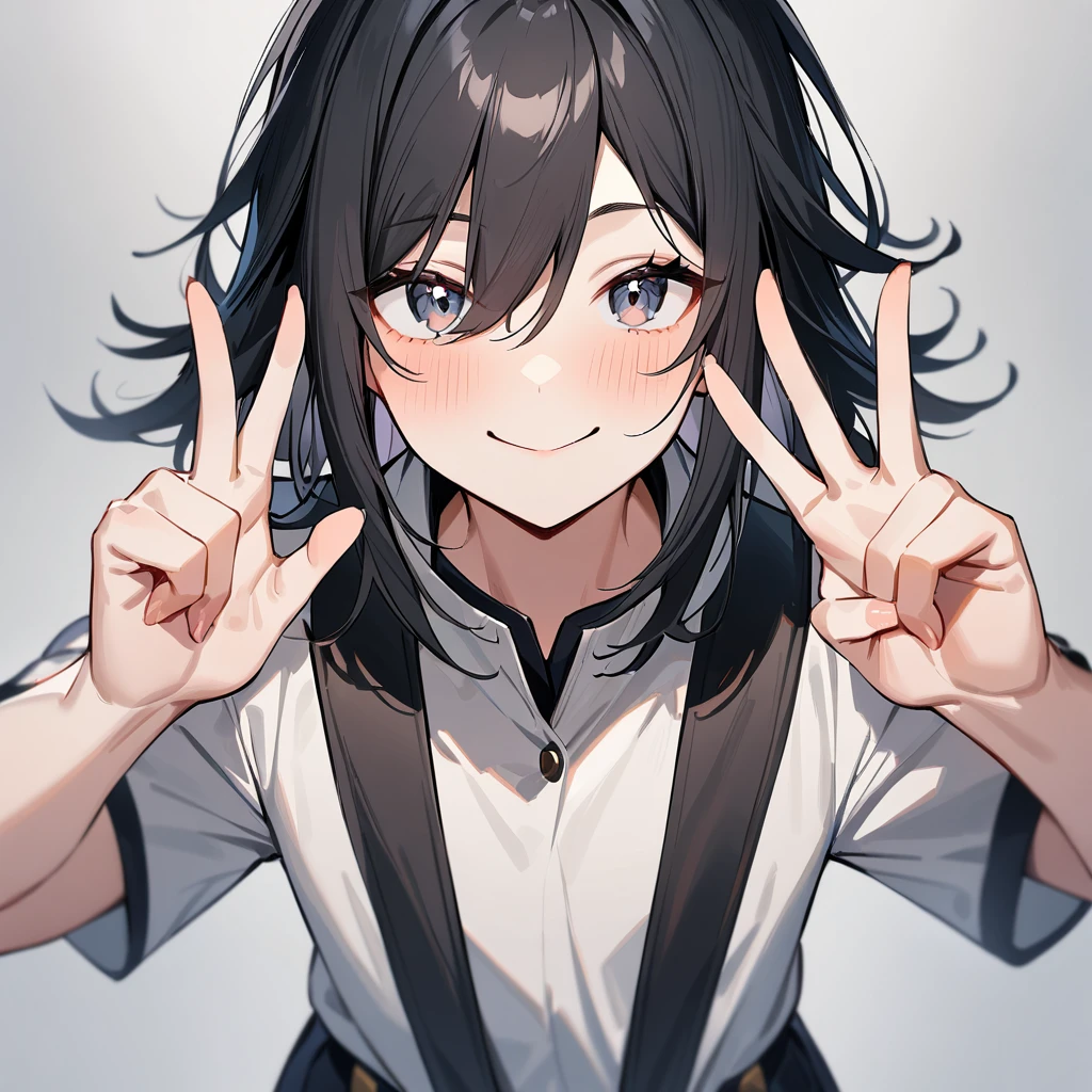 1 girl,black hair,Androgynous,medium hair,sidelocks,Covered,masterpiece,best quality,very aesthetic,absurdres,upper body,straight-on,large,Covered,Smile,double v,(upturned_eyes),From above,hands up