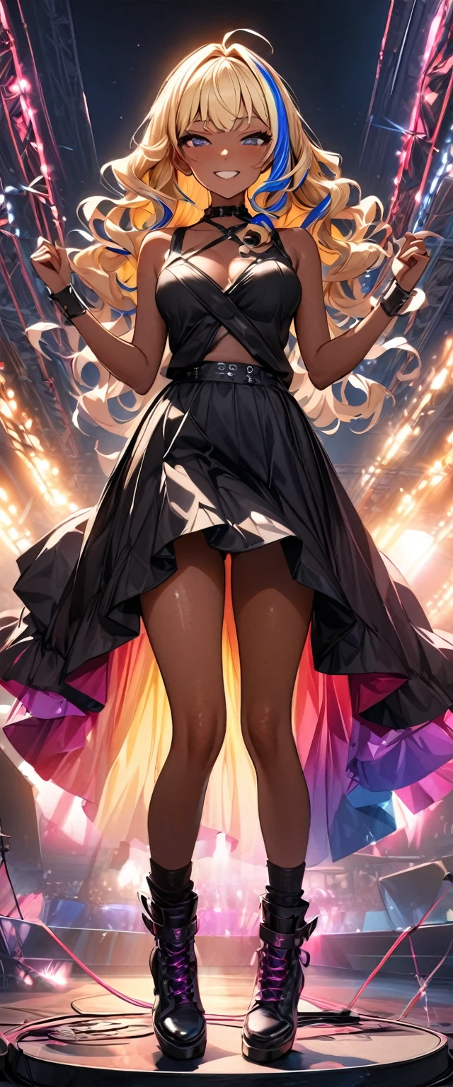 (highest quality:1.2, Very detailed, up to date, Vibrant, Ultra-high resolution, High Contrast, masterpiece:1.2, highest quality, Best aesthetics), Portraiture、girl、slim, stage、performance、Rock Music、Bright colors、Beautiful fine details、Beautiful lip detail、extra short hair, ((wavy hair:1.3))、messy hair, blonde and blue ((streaked hair:1.5)), highlights hair: 1.3, middium breast, (tan skin:1.3), Music band、Cheerful pose、Concert Light、Edgy Style、black tank top、Dynamic Movement、hypnotic sounds、Stadium、amplifier、Loud music、Electric bass、playing bass hard, Fender bass, mike stand, Powerful vocals、Passionate performance、Sparkling stage、Concert atmosphere、Music Festival、Full of emotion、Rock star attitude、Resolute expression、Avid Fan、The presence of an attractive stage、 Expressive gestures、Rock star aura、An exciting atmosphere、Sing with all your heart、An unforgettable show, ((full body:1.5)), facing viewer

