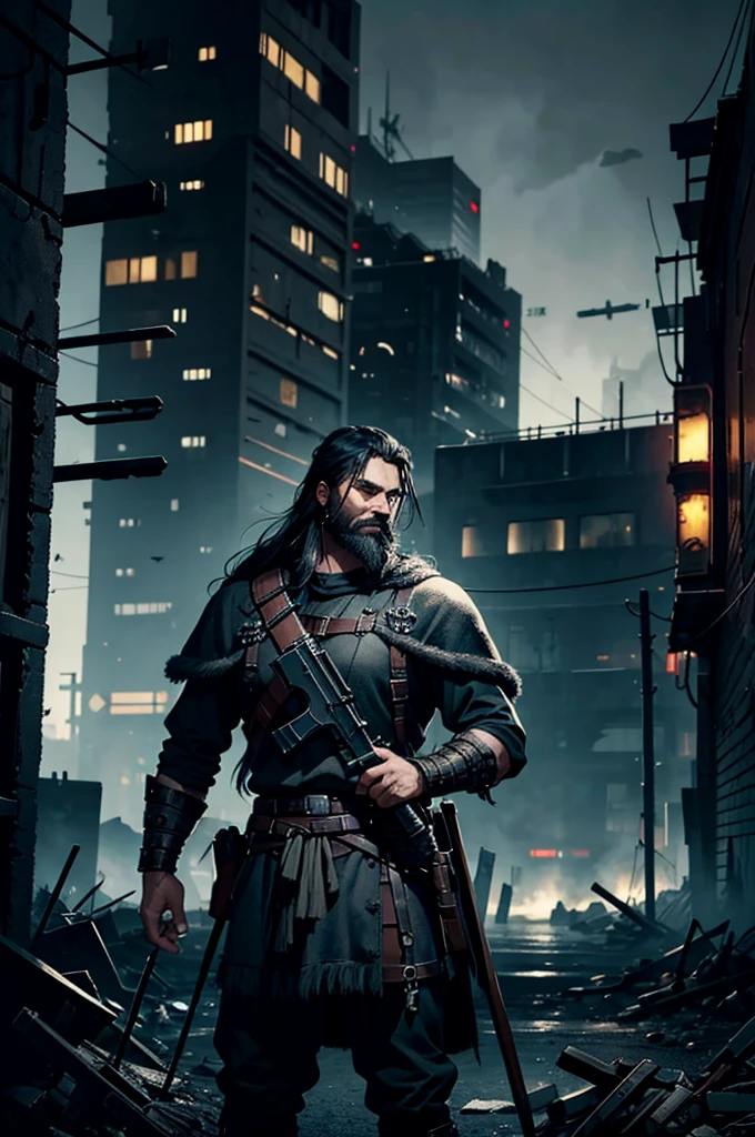 Dark fantasy Viking with black hair and black beard holding a machine gun in a dystopian city at night 