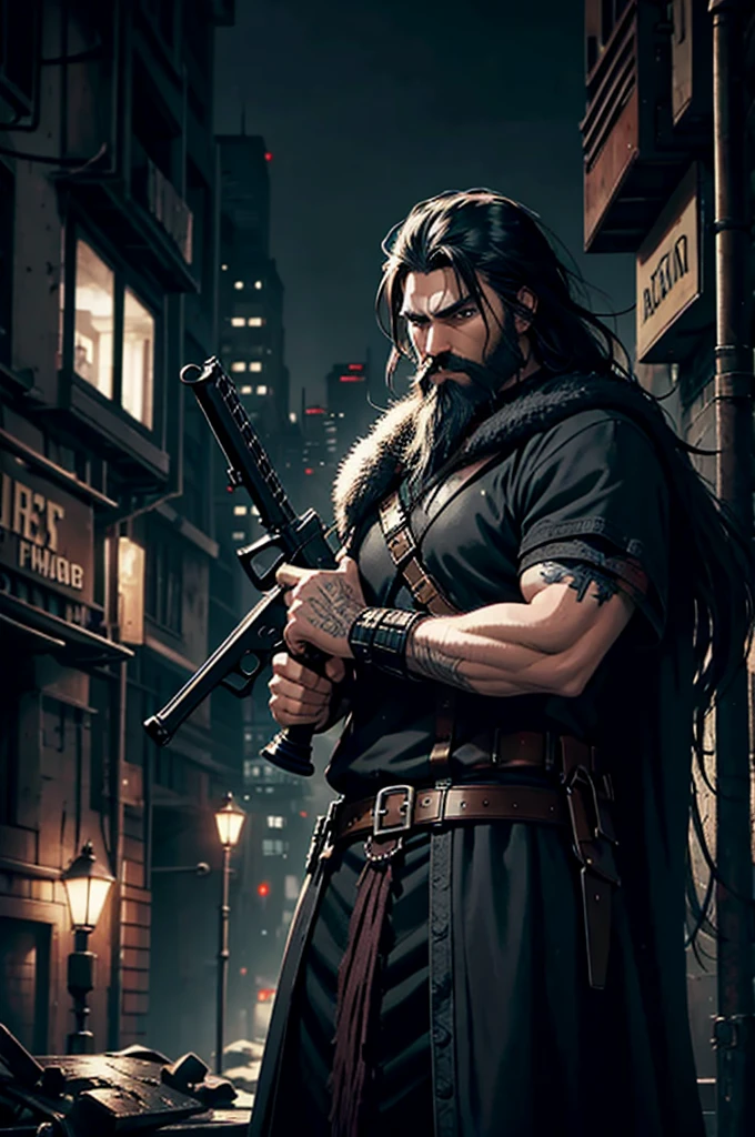Dark fantasy Viking with black hair and black beard holding a machine gun in a dystopian city at night