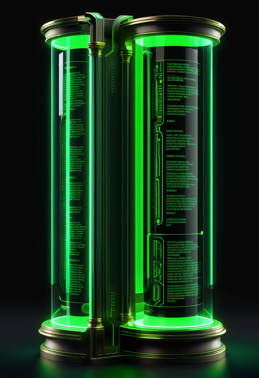 gemtech , Science-Fiction, internal reflections , transparent, inner details , Scholars , scroll, 1 earth, glowing green neon, black plain background, 3D High quality