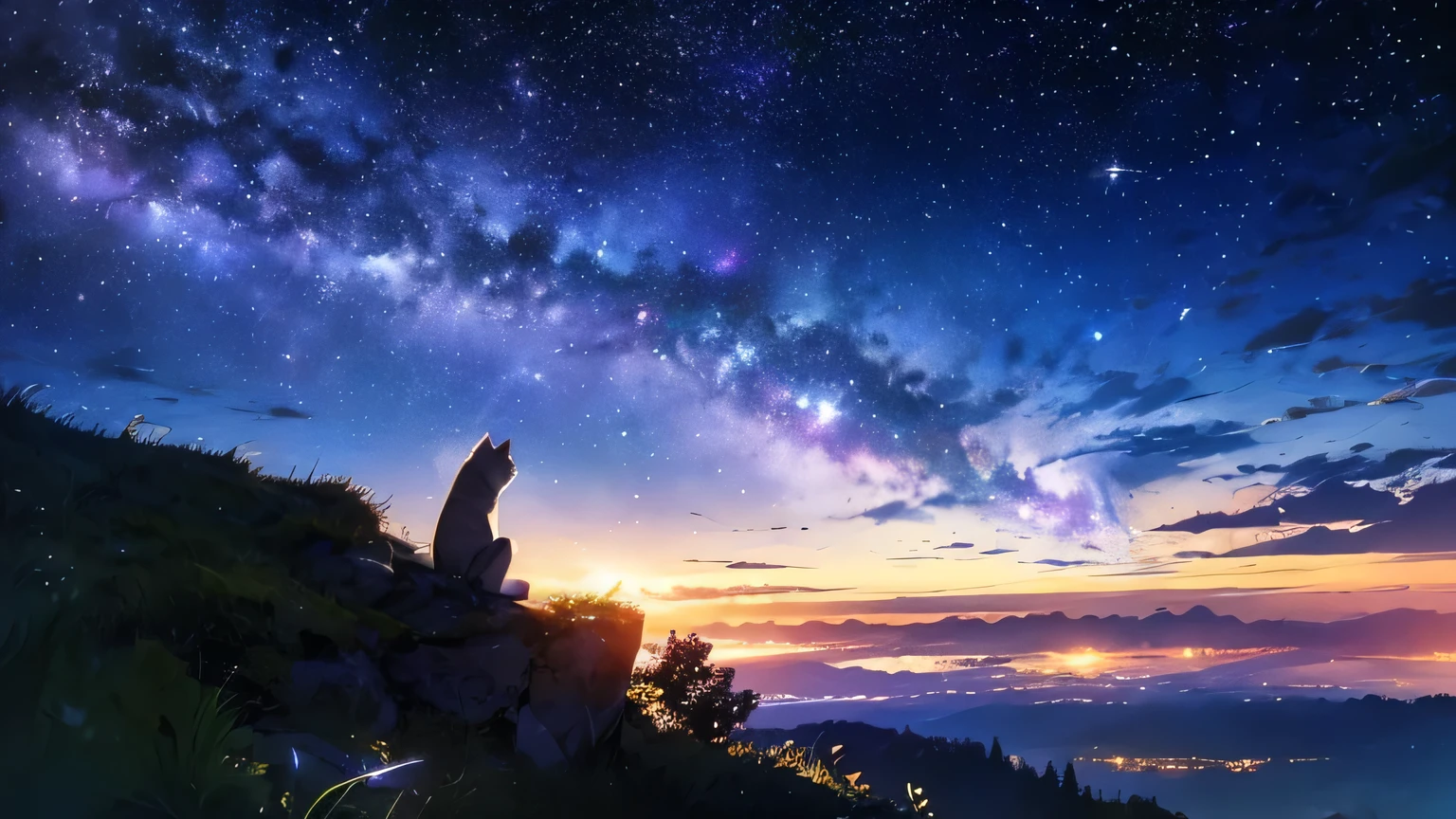 night、The Milky Way spreads across the sky、The stars are shining brightly。Starry Sky。I see a cat on a hill in the distance、 Looking up at the stars。