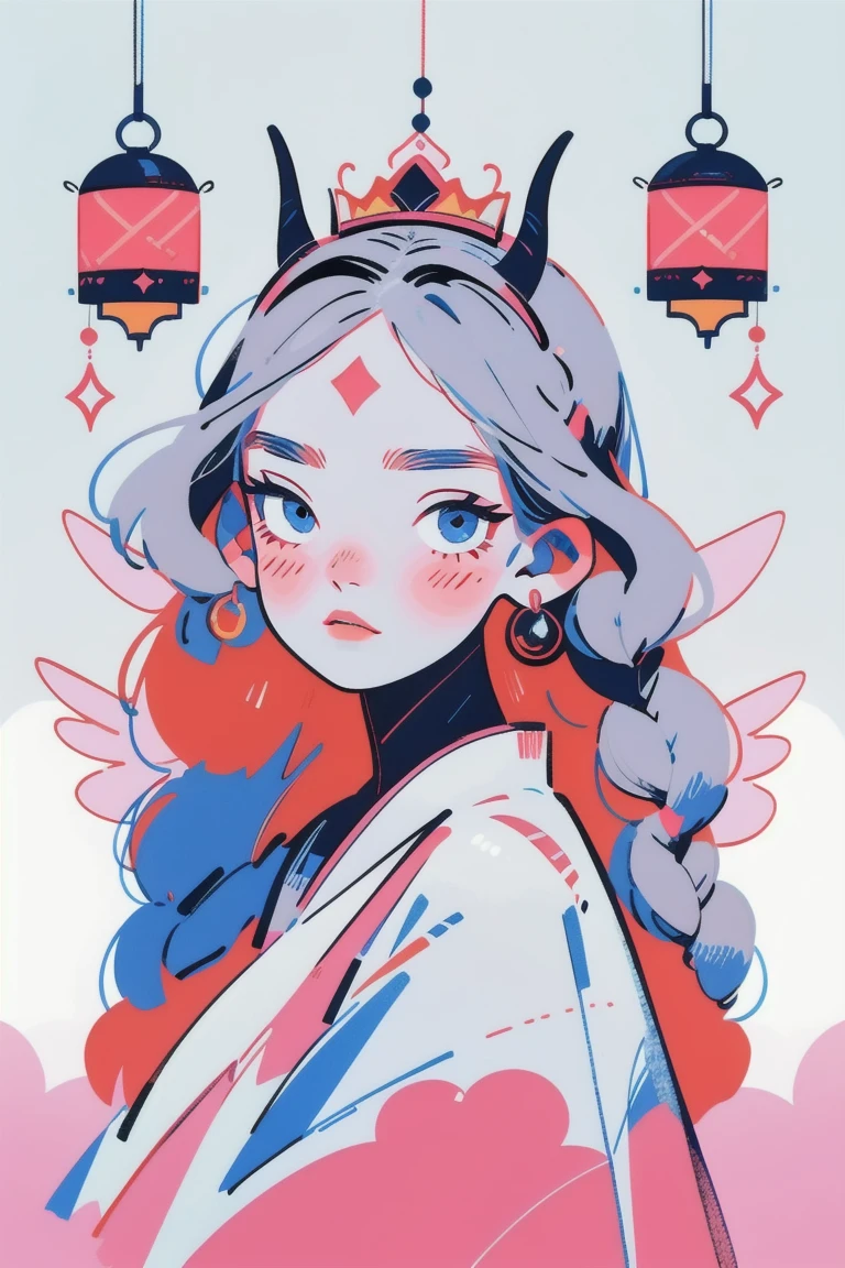 4lb1n0, 1girl, pastel peach hair, radiant fuchsia eyes, shimmering tiara, gossamer wings, matte silver lips, portrait with contemplative pose, floating lanterns background, masterpiece, best quality, cut3h0rnstyl3, looking up, horns