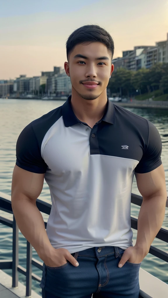 Tony Labrusca, ((realistic daylight)) , Young Korean man in a black polo shirt and jeans, A handsome, muscular young Asian man looks at the camera. In a simple t-shirt blue and red , Waterfront,((look sideways))