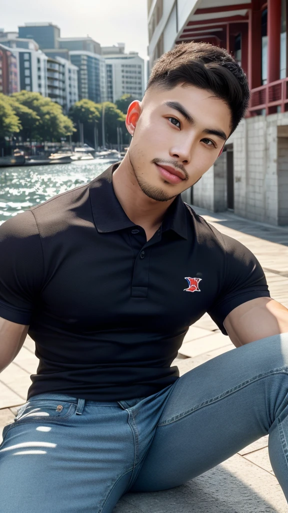 Tony Labrusca, ((realistic daylight)) , Young Korean man in a black polo shirt and jeans, A handsome, muscular young Asian man looks at the camera. In a simple t-shirt blue and red , Waterfront,((look sideways))