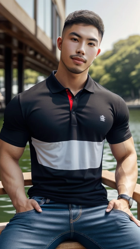 Tony Labrusca, ((realistic daylight)) , Young Korean man in a black polo shirt and jeans, A handsome, muscular young Asian man looks at the camera. In a simple t-shirt blue and red , Waterfront,((look sideways))