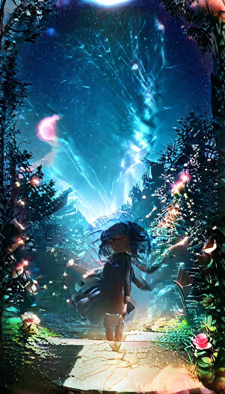 masterpiece, Concept Art, Panorama, in the center, shape, Wide Shot, garden, night, (meteor), Space galaxy background, (Great composition, Epic Scale), Dynamic Lighting, Bright colors, Blue rose,Landscape Long Eyelashes, Round eyes, Silver Hair, Half-closed eyes, sad, Cast a Shadow, Anaglyph, Stereogram, tachi-e, Atmospheric perspective, Wide Shot, reflected light, 8K, Super detailed, Highest quality, Anatomically correct
