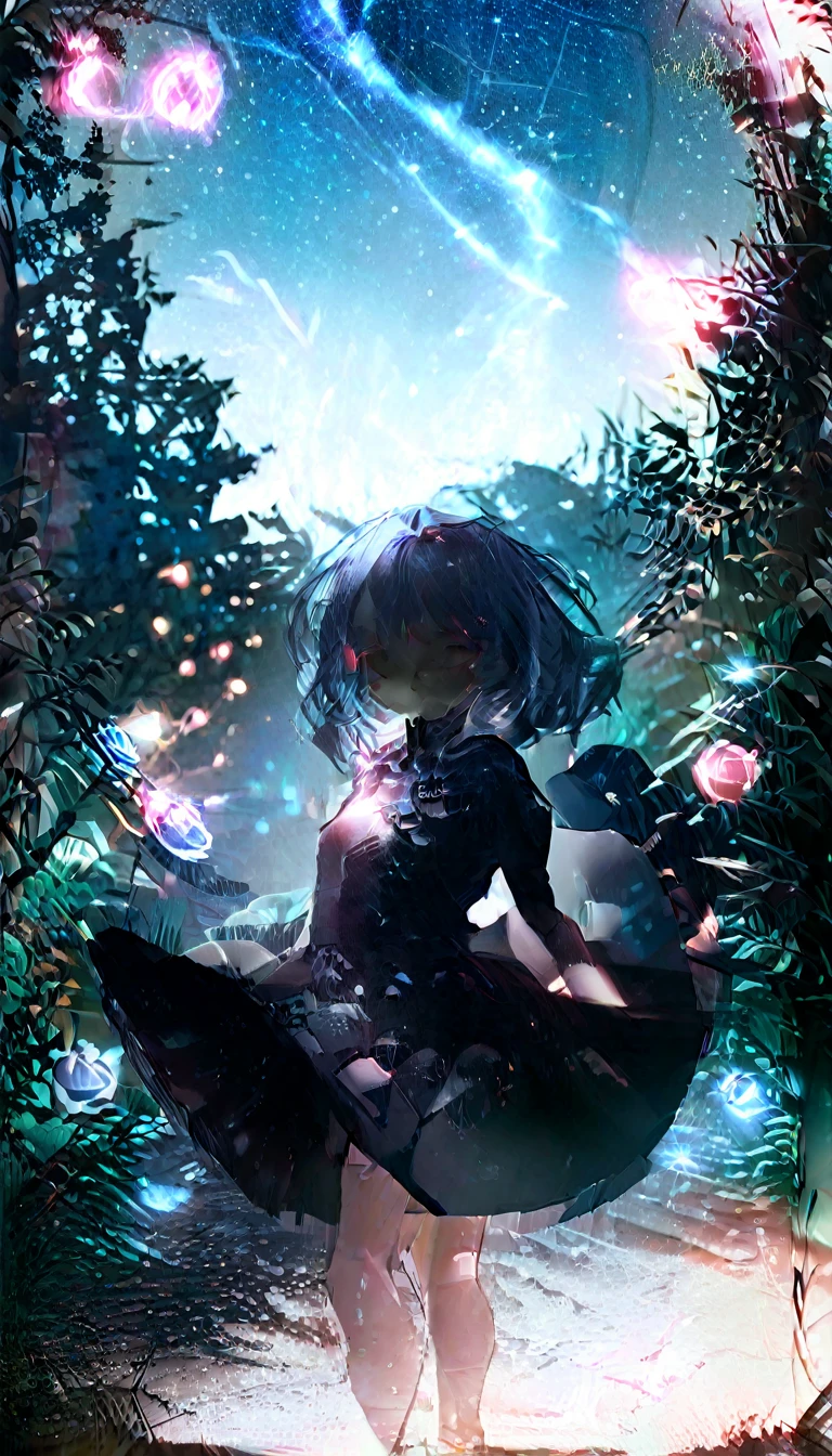 masterpiece, Concept Art, Panorama, in the center, shape, Wide Shot, garden, night, (meteor), Space galaxy background, (Great composition, Epic Scale), Dynamic Lighting, Bright colors, Blue rose,Landscape Long Eyelashes, Round eyes, Silver Hair, Half-closed eyes, sad, Cast a Shadow, Anaglyph, Stereogram, tachi-e, Atmospheric perspective, Wide Shot, reflected light, 8K, Super detailed, Highest quality, Anatomically correct