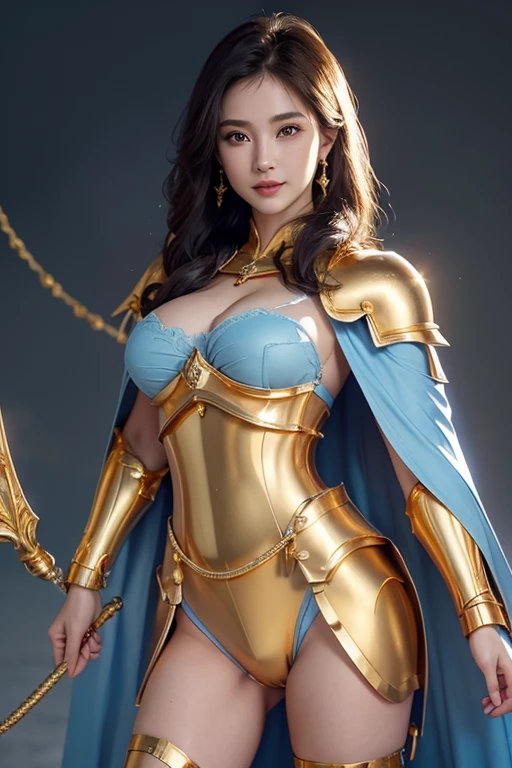 8K, masterpiece, RAW Photos, Highest quality, Realistic, Highly detailed CG Unity 8k wallpaper, Depth of written boundary, Cinematic Light, Lens flare, Ray Tracing, (Very beautiful face, Beautiful Lips, Beautiful Eyes), Exquisitely detailed face, ((Highly detailed skin)) One Girl, In the Dark, Deep Shadow, Attractive Russian Model、Born Lee, ((View your viewers)), (A seductive smile), (Blurred Background), (Large Breasts:1.5), Earrings, bracelet, necklace, Clear Eyes, castle room, Holding a sword, Front shot, (Pale skin), Look forward, (Big eyes), ((Upper Body Shot)), (Camel Toe, shape), ((nice (Gold and Skyblue Metal Armor) Gold and Skyblue cape design:1.5)), (Umbilical cord prolapse:1.5), Light blonde hair, ((A seductive smile)), ((Camel Toe)).