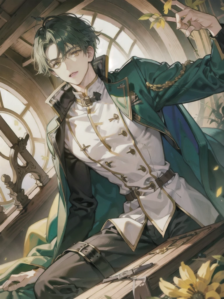 1boy, dark green hair, yellow eyes, double-breasted military jacket