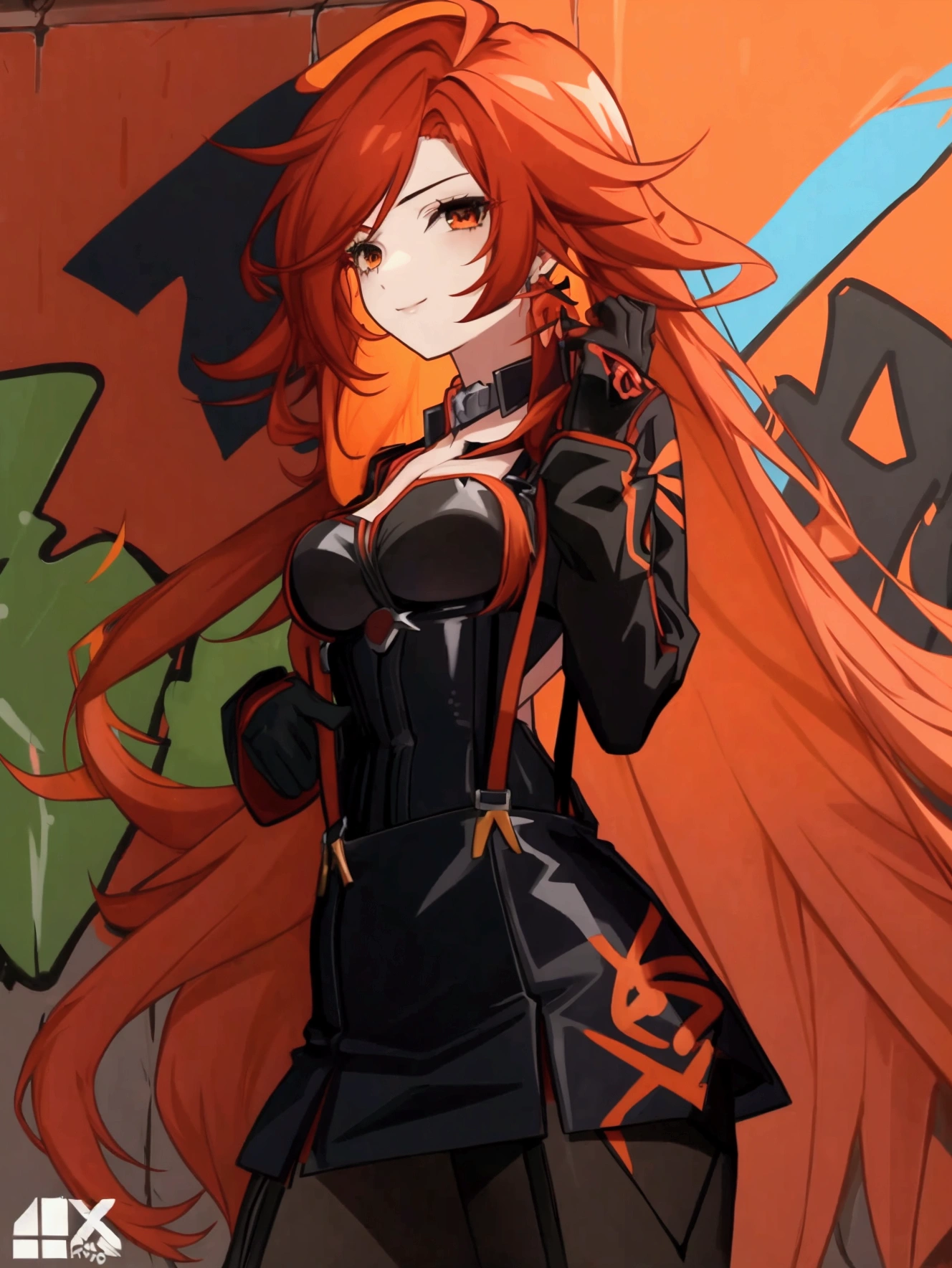 Anime girl with red hair and black suspender skirt in front of graffiti wall, long hair anime girl, She has long reddish-orange hair., Attractive anime girl, 