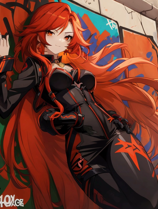 Anime girl with red hair and black suspender skirt in front of graffiti wall, long hair anime girl, She has long reddish-orange hair., Attractive anime girl, 