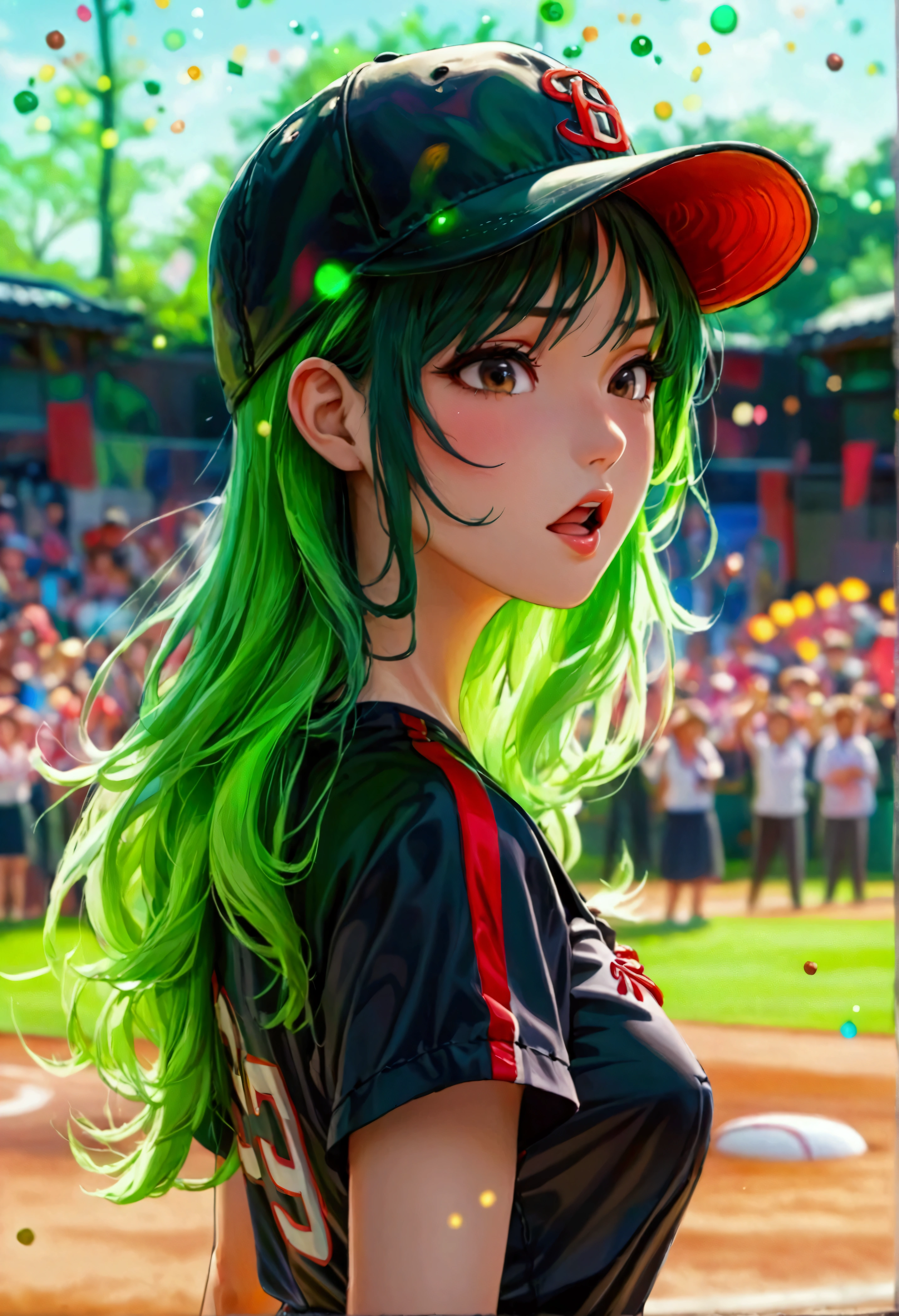 A beautiful Japanese woman (Tatsumaki,black dress, green hair) in a baseball cap pitching a ball, dynamic pitching pose, crowd cheering in the background, bokeh effect, anime style, highly detailed, intricate, vibrant colors, cinematic lighting, photorealistic, masterpiece