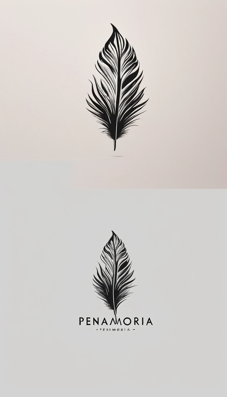A minimal, modern, simple, cinematic logo design for the brand “Penamemoria". Create a modern, memorable, unique, minimalistic, high-quality,dreamy, fantastic, poetic, masterpiece logo design of a MEMORY FEATHER