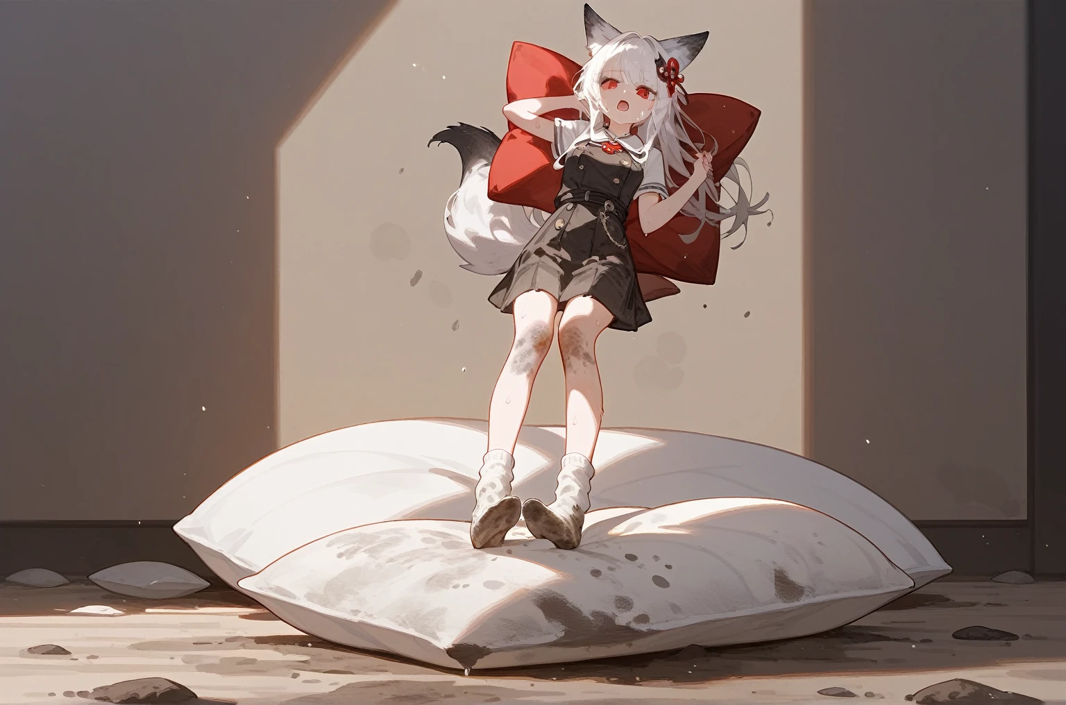 Long head and white hair, cute, red eyes, low cat ears, blushing, vaginal water, making sounds, panting, loli, white silk
