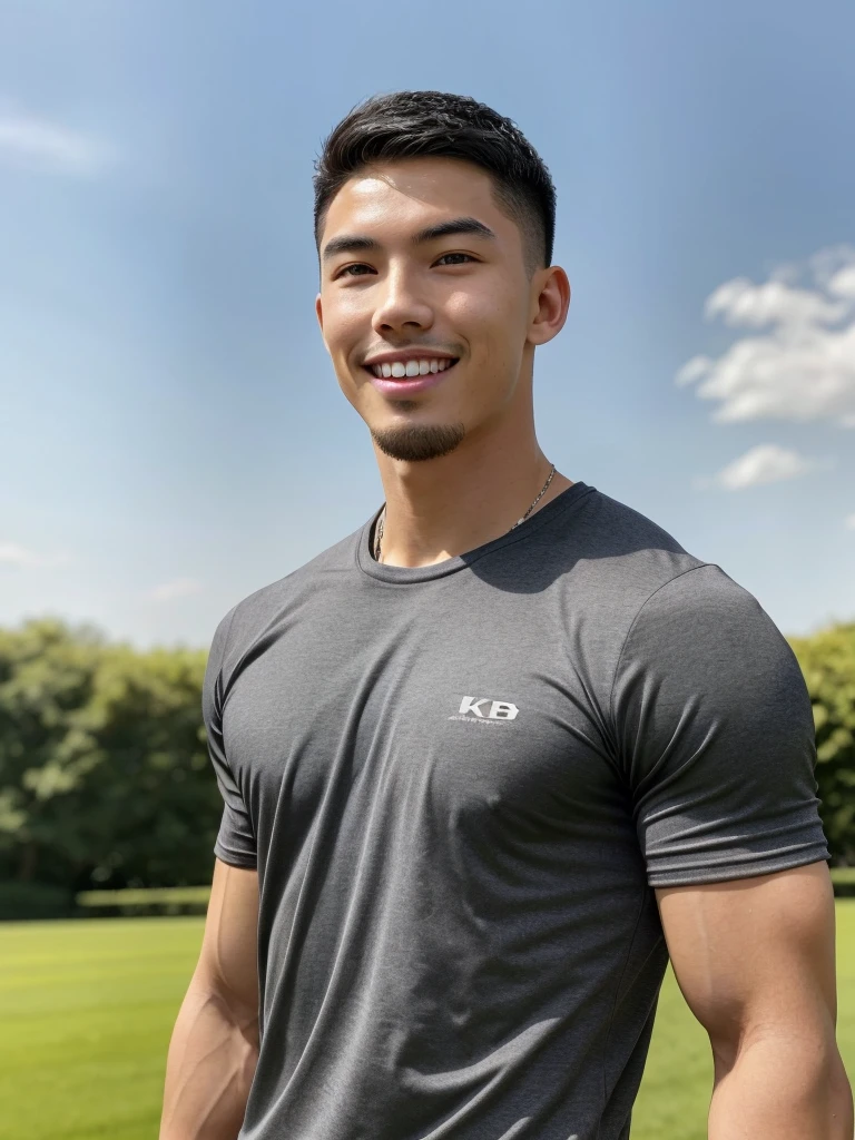 Tony Labrusca, (As a matter of fact, Masterpiece, 8k HD, good light quality, sportswear, fit the face, complicated details), A handsome, muscular young Korean man. , 20 years old, be happy, smile brightly, detailed face, delicate eyes, มองดูsky, Wearing a tight gray t-shirt, period, black eyes, Black hair color, ผมsmooth, smooth, outdoor sports, Along the garden, Sunny,sky,Surreal,Awesome details,Highest quality,real,