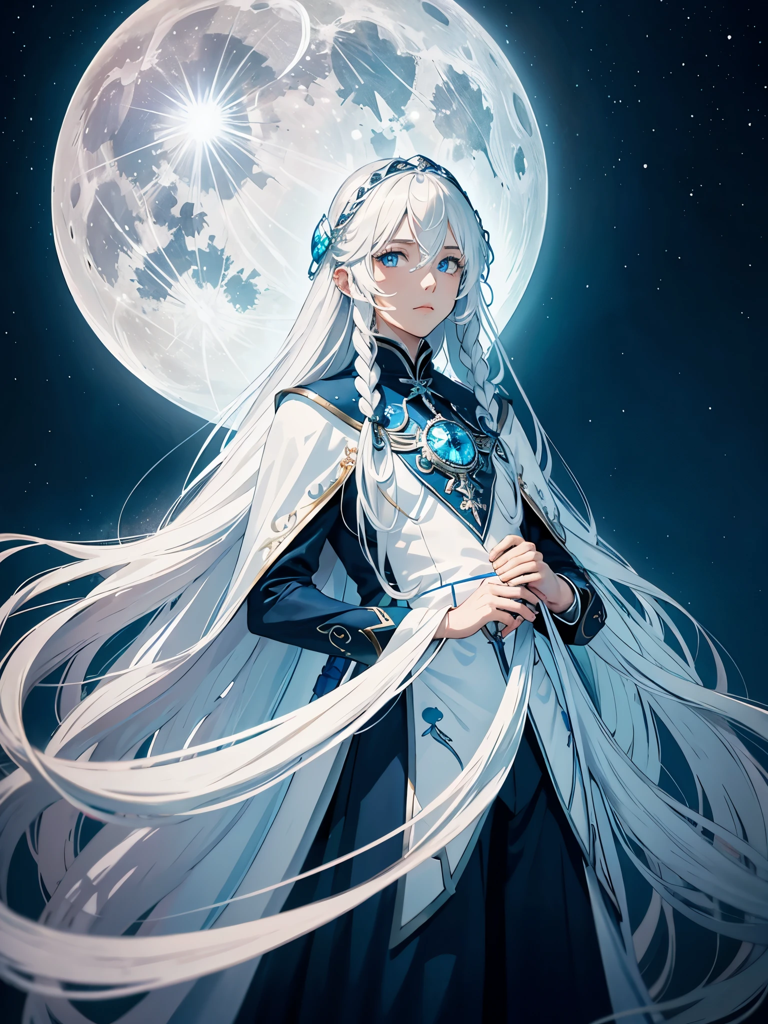 Blue light. Göttlich. Mystisch. Long hair. long white hair. aquatic, boy, Goddess of the Moon, silver hair accessories, White hair, White dress, cape, at night, saturated colors, light eyes, bright, light blue light, blue eyes, Jewelry silver, bluish light, Full moon in the background, aquatic in der Luft rosa kerzen
