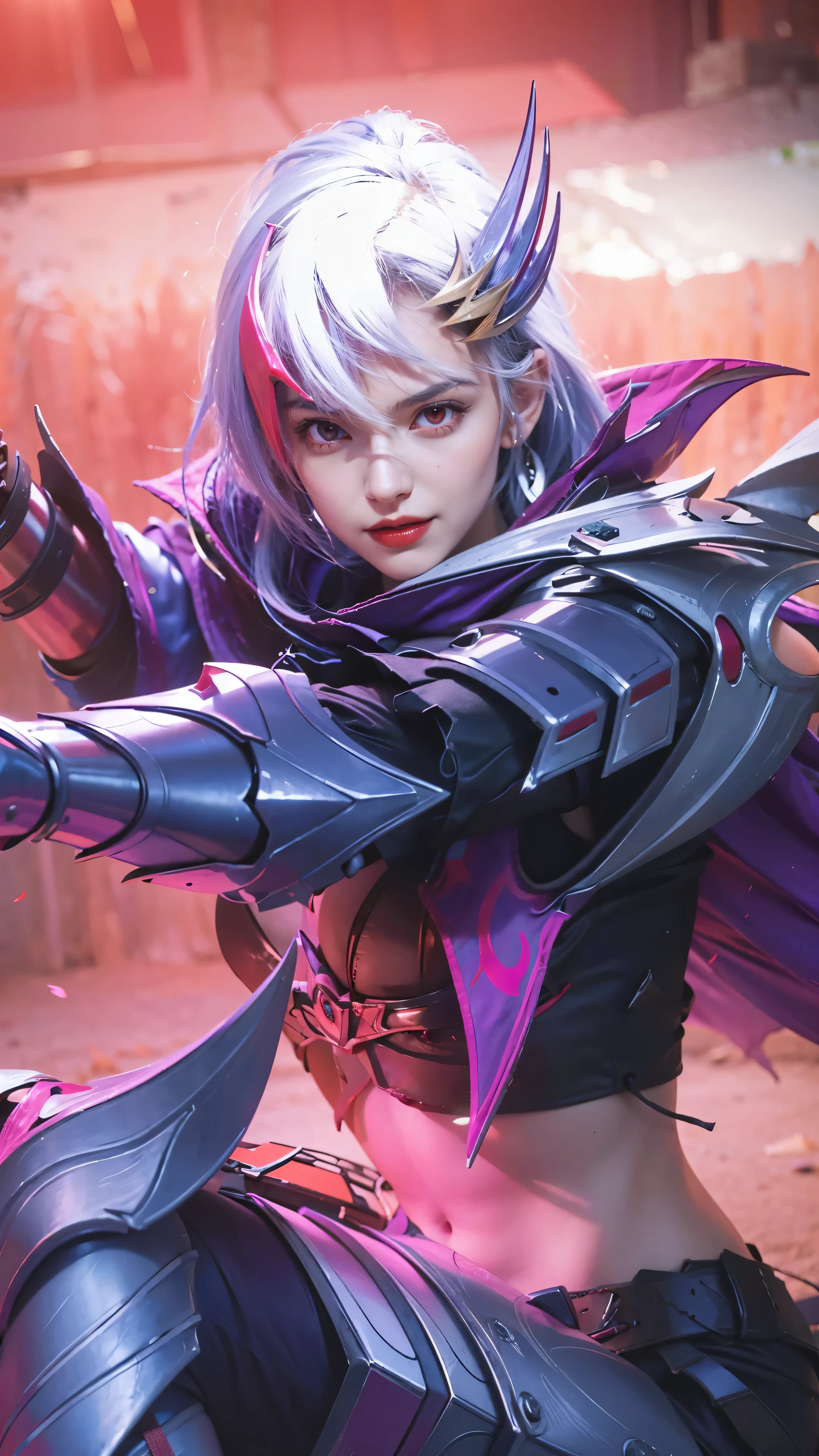 (female:1.2), 8k, ultra hd, ultra detailed texture, hyper realistic, masterpiece, detailed texture, detailed face, detailed skin, detailed lighting, (photorealistic:1.5), best quality, beautiful lighting, cinematic lighting, professional lighting, ultra highres, realistic, detailed hair, real hair, high quality, (realskin:1.5), extremely detailed, finely detail, ultra-detailed, 1girl, solo, elf, pointy ears, standing, demon horns, forehead protector, (red eyes:1.5), v-shapped eyebrow, lips, red lips, evil smile, nose, make up, pretty, beautiful, cute face, long hair, blue hair, high ponytail, large breasts, cleavage, armpit, navel, stomach, black armor, pauldrons, bare shoulders, shoulder armor, thigh high, sleevless, detached sleeves, breastplate, gauntlets, karina \(mobile legends\), depth of field, looking aways, white skin, skin tight, amazing pose, outdoors, glowing, dark view, blurry background