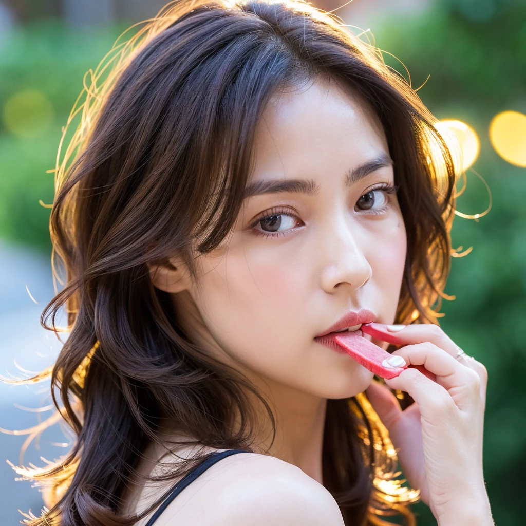 Beautiful mature woman with beautiful wavy long hair, PopsiclesｨLick, Ultra-high resolution,(Realistic:1.4), ((Highest quality)), ((masterpiece)), (be familiar with),