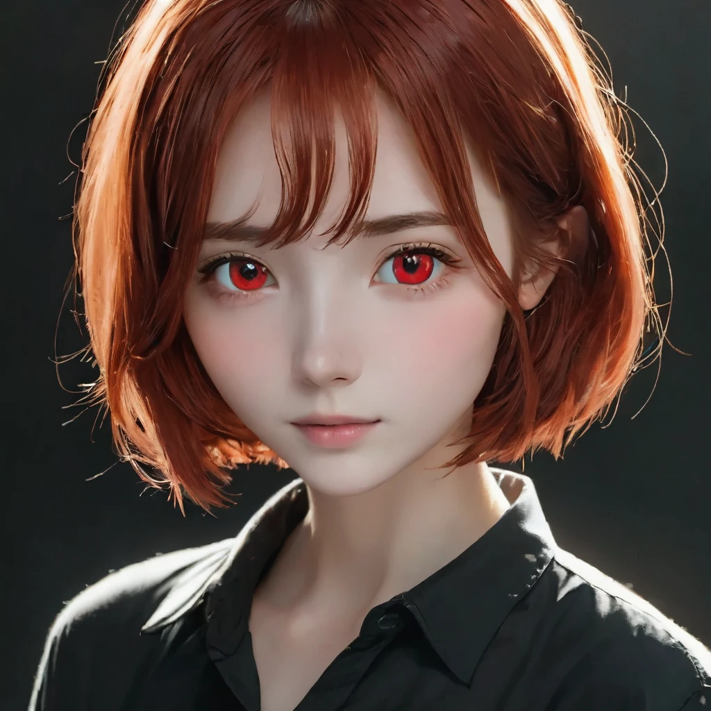 best quality, masterpiece, solo, 1girl, red hair, shirt, red eyes, black beckground, full faces