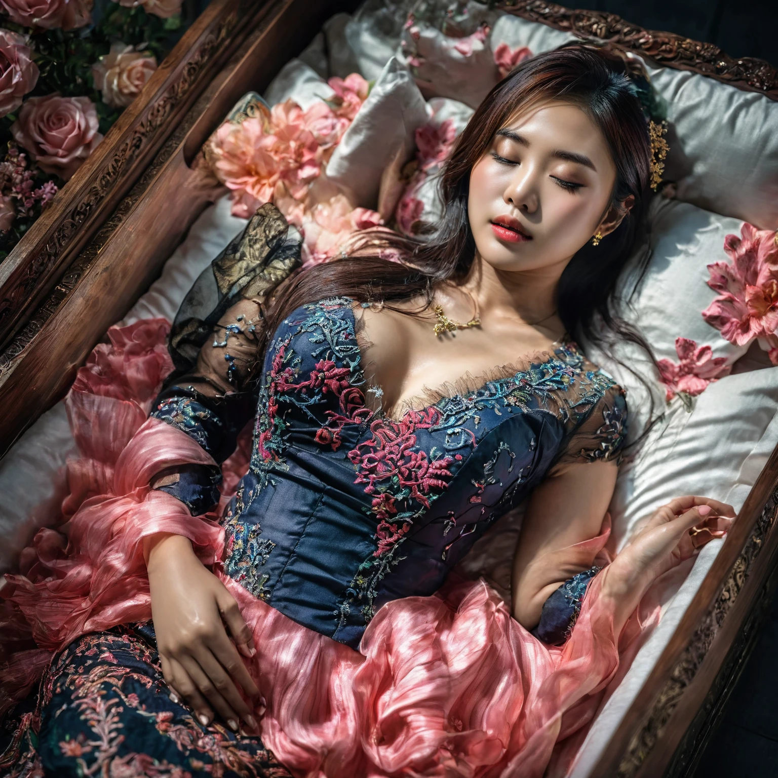 In a striking 8K HDR scene, a stunning Korean woman, 22 years old, lies peacefully in a black coffin surrounded by plush pillows. The deep box is set against a rich black background, accentuating the beauty of the subject. Her exquisite deep-V neckline kebaya attire is embroidered with superb detail, showcasing her round and firm breasts, perfect cleavage, and beautiful eyebrows. Her closed eyes and mouth give an air of serenity, while her visible and absolute cleavage leave nothing to imagination. The scene is bathed in saturated colors, highlighting every intricate aspect from the ball skirt to her clean face, straight body, detailed hand perfect hands, straight body, own hands together, own hand on stomach, detailed hands, perfect hands.