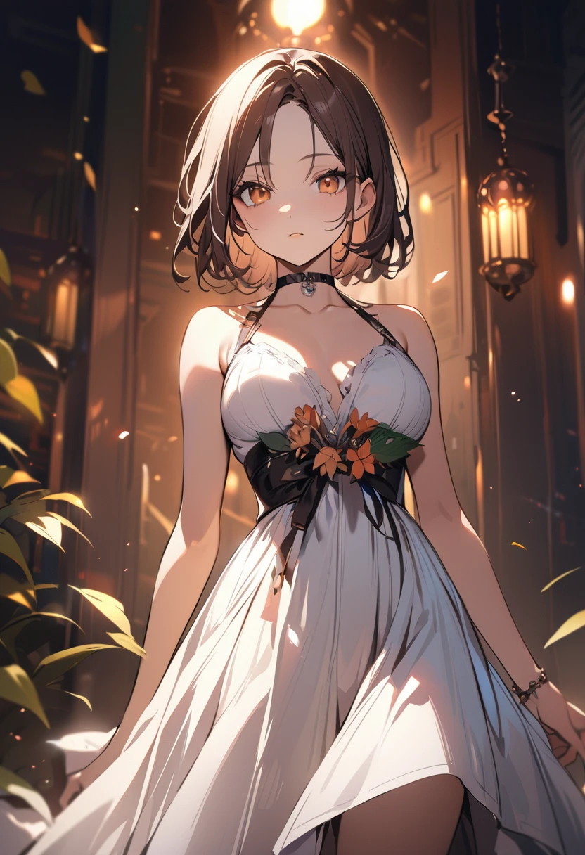 1 girl, bob, center part, forehead, brown hair, piercing, brown eyes, expressionless, model posing,
BREAK (masterpiece), (high resolution 8K), cinematic lighting, professional lighting, detailed eyes and face, detailed body,
BREAK botanical dress, choker, bare arms, bare shoulders, skirt