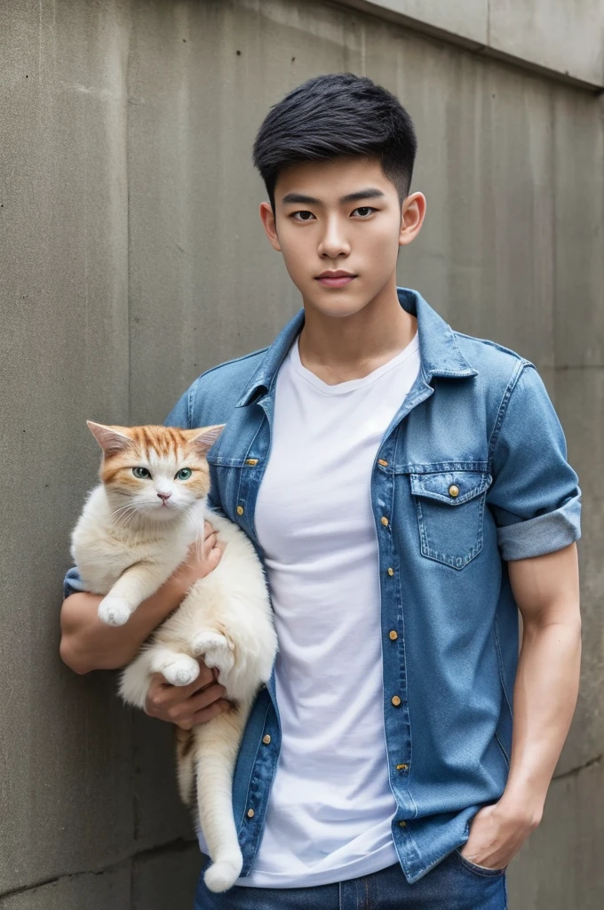 ((realistic daylight)) , Young Korean man in only a green t-shirt, no pattern. (Denim coat)  Jeans, A handsome, muscular young Asian man looks at the camera. In a simple t-shirt blue and red , holding a cute cat ,turn sideways