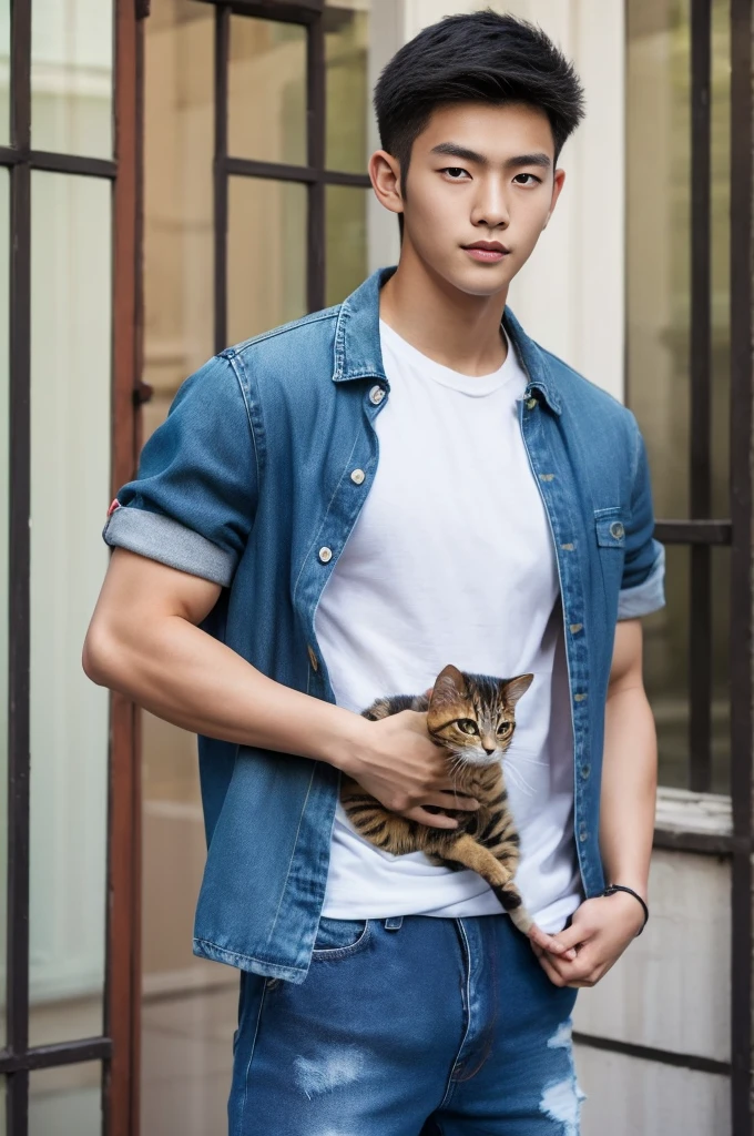 ((realistic daylight)) , Young Korean man in only a green t-shirt, no pattern. (Denim coat)  Jeans, A handsome, muscular young Asian man looks at the camera. In a simple t-shirt blue and red , holding a cute cat ,turn sideways