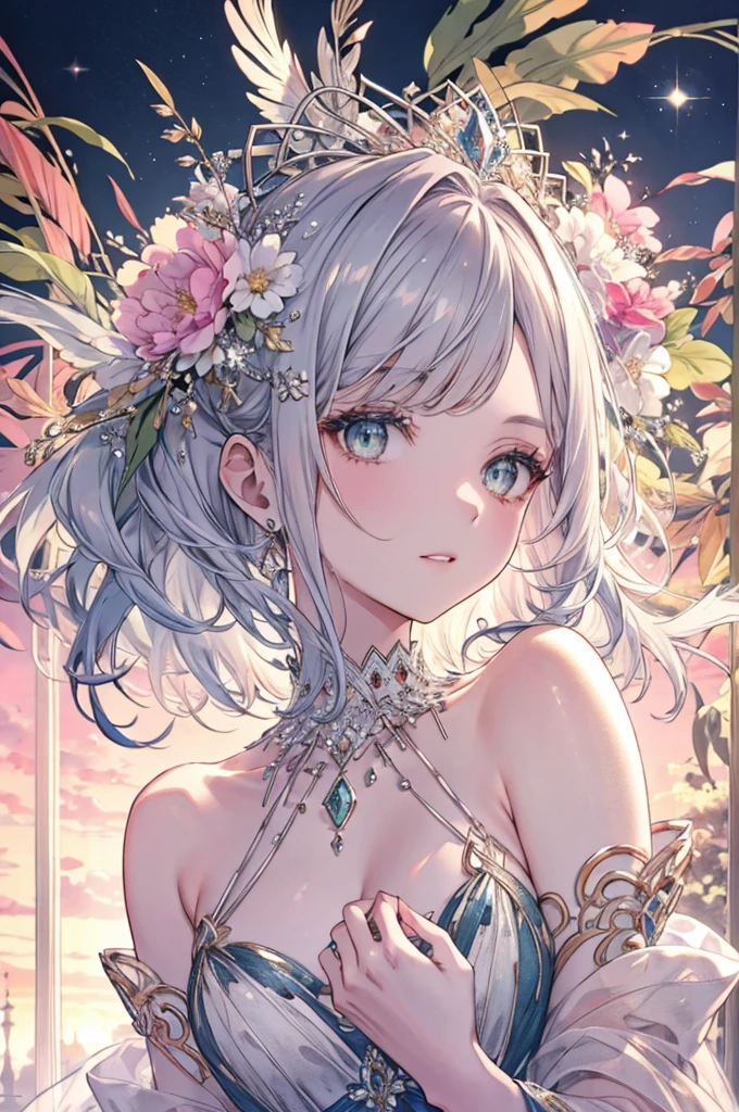 High resolution RAW color art, animation,Sculpture, Silver Marble Skin, (((Highly detailed elegant))), Magical atmosphere, Detailed skin, texture,(Exquisitely crafted, The finer details, Ultra-detailed art), Depth of written boundary, Bokeh, Silky Touch, Hyper Detail, White Background, Beautiful Eyes, Elegant face, Under the chest, Sunset sky, View from below, eye shadow