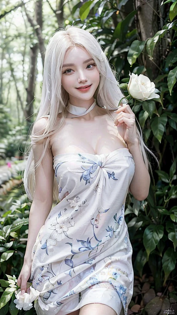 Long white hair, blue eyes, serious features, white skin, big breast, perfect body, seductive face, beautiful teeth smile, smiling, open mouth, loose style, in a garden, with flowers , in the forest ,jeju Korea, half body, She held a white rose in her hand