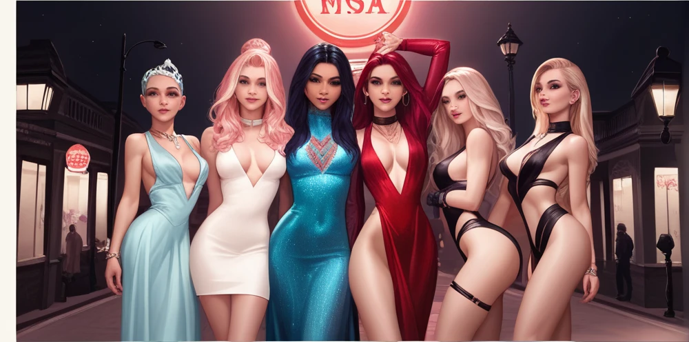 high quality, very detailed, 8k, character design, (realistic cartoon, intricate details), 8 women, sexy women, American women, USA girls, different hair colors, different hairstyles, different facial features, different faces, all having sexy figures, XL huge , big waist, all wearing sexy elite party gowns, revealing dresses, standing together, night city in background, standing under a street light, sharp light focus, light and shadows,