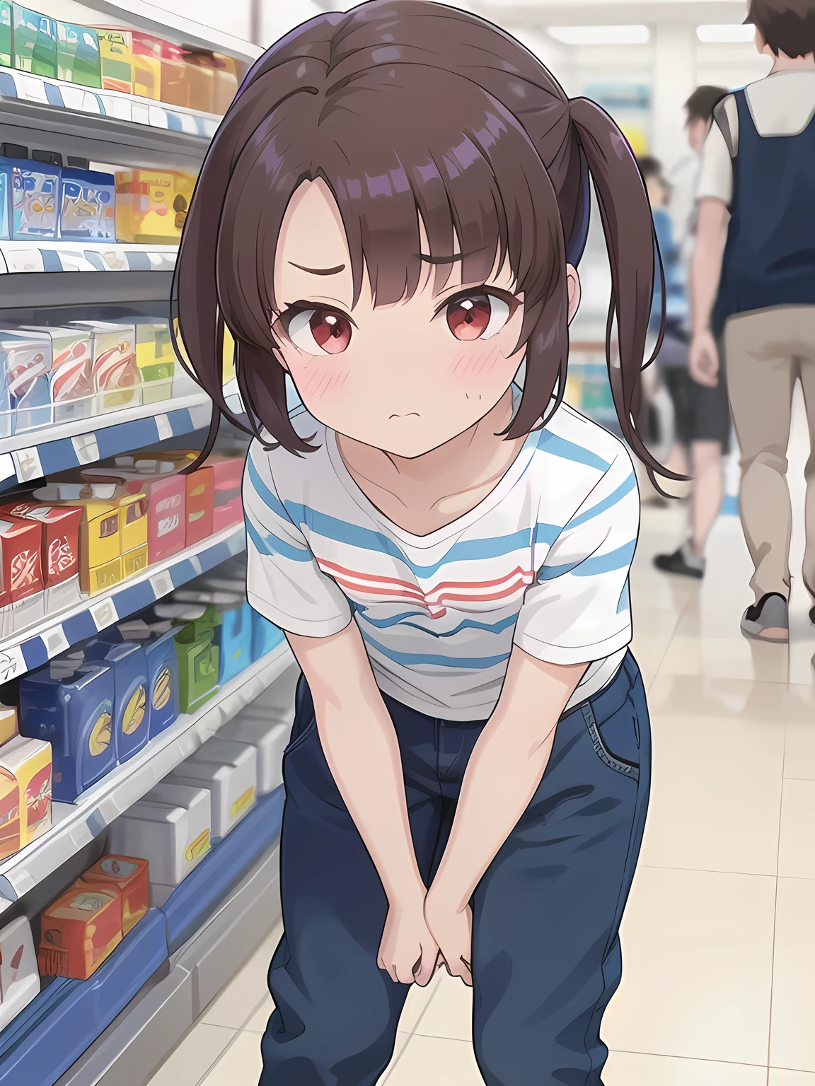 1girl,1boy,face to chest,indoor,convenience store,1girl,closed mouth,standing,blue and white vertical striped shirt,
Leaning forward,shy,blushed,red eyes,twin tales, brown hair,eyebrows visible through hair, {flat chests},1boy,look her breast,white face,black hair,black eyes,white skinned,young aged man,