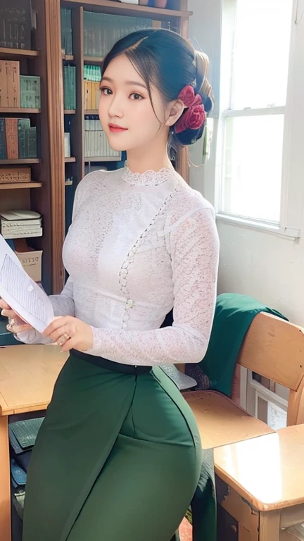 Portrait photo of a stunning woman with a neatly ti ed hair bun adorned by a delicate jasmine flower, ra diating elegance. She stands gracefully, gazing dire ctly at the viewer, surrounded by the enchanting am biance of a library. The lighting beautifully accentua tes her features, creating a captivating atmosphere, (wearing acmmsayarma outfit, acmmsayarma whit e top with buttons, Iong sleeves), ((acmmsayarma g reen long skirt)