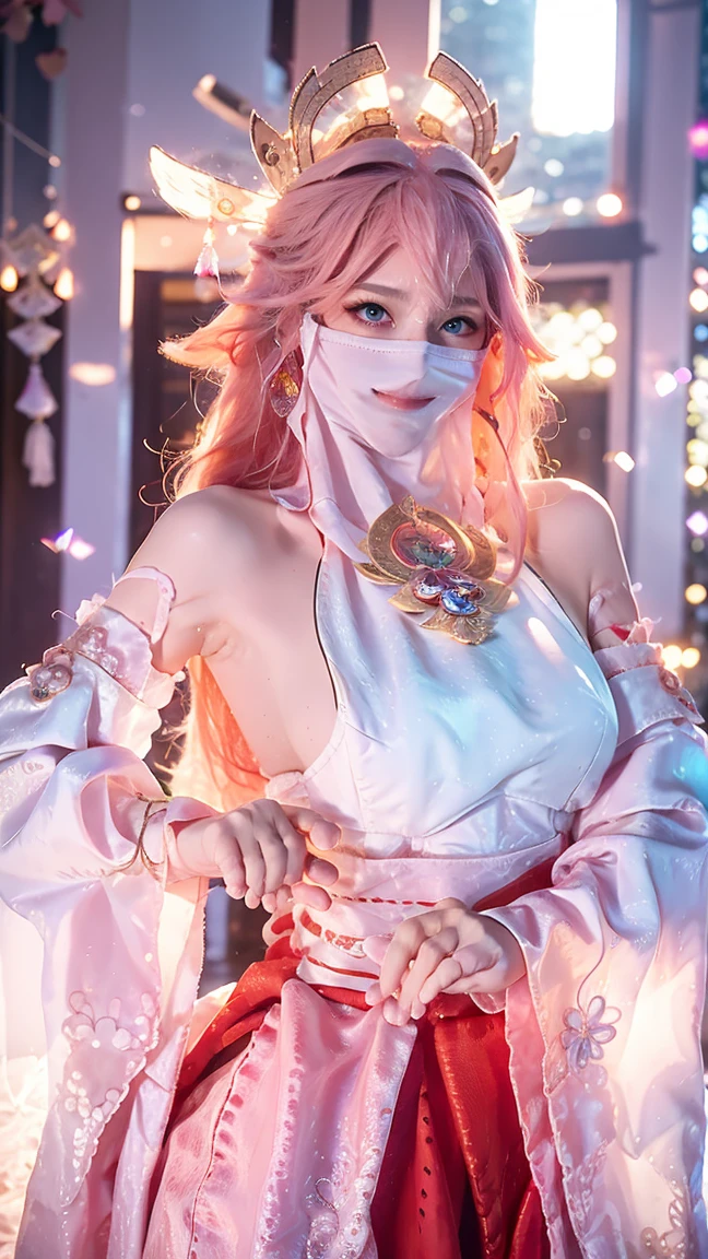 (Extreme Detail CG Unity 8K wallpaper, masterpiece, highest quality), Extremely cute, (Realistic:1.6), RAW photo from above, (ulzzang-6500-v1.1:0.4) 1girl, kpop idol, yae miko, detached sleeves, pink hair, long hair, best quality, (photorealistic:1.2), (hair ornament:1.35), jewelry, wearing face veil, (white face veil, silk mask veil:1.2), purple eyes, earrings, (large round breasts, big breasts: 1.2), torii, cherry blossoms, lantern light, depth of field, detailed face, face focus, (looking at viewer:1.25), shiny skin, long sleeves, game cg, thighhighs, east asian architecture, blurry background, full body, sexy beauty pose, perfect anatomy, (Show the armpits, open the inseam quite wide),