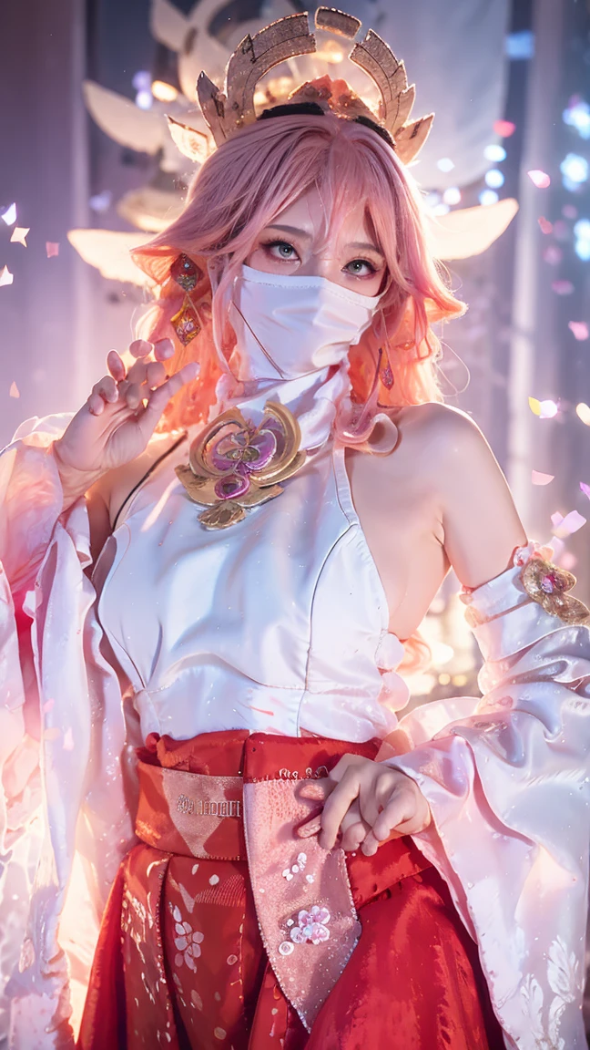 (Extremely detailed CG Unity 8K wallpaper, masterpiece, best quality), (ulzzang-6500-v1.1:0.4) 1 Girl, Korean Idol, Yae Miko, Separate sleeves, Pink Hair, Long hair, ，Long skirt，indoor白墙，best quality, (Reality:1.2), (Hair accessories:1.35), Jewelry, Fox ears, Wearing a veil, (White Veil, Silk veil:1.2), Purple Eyes, earrings,, Delicate face, Face Focus, (Looking at the audience:1.25), Glowing skin, Long sleeve, Cowboy shooting, Dynamic poses, (Bend forward, Show your armpits, Sexy pose:1.3), Game CG, , indoor, Solid color background, whole body,  Elegant Posture, Concentrated expression, Ambient Lighting