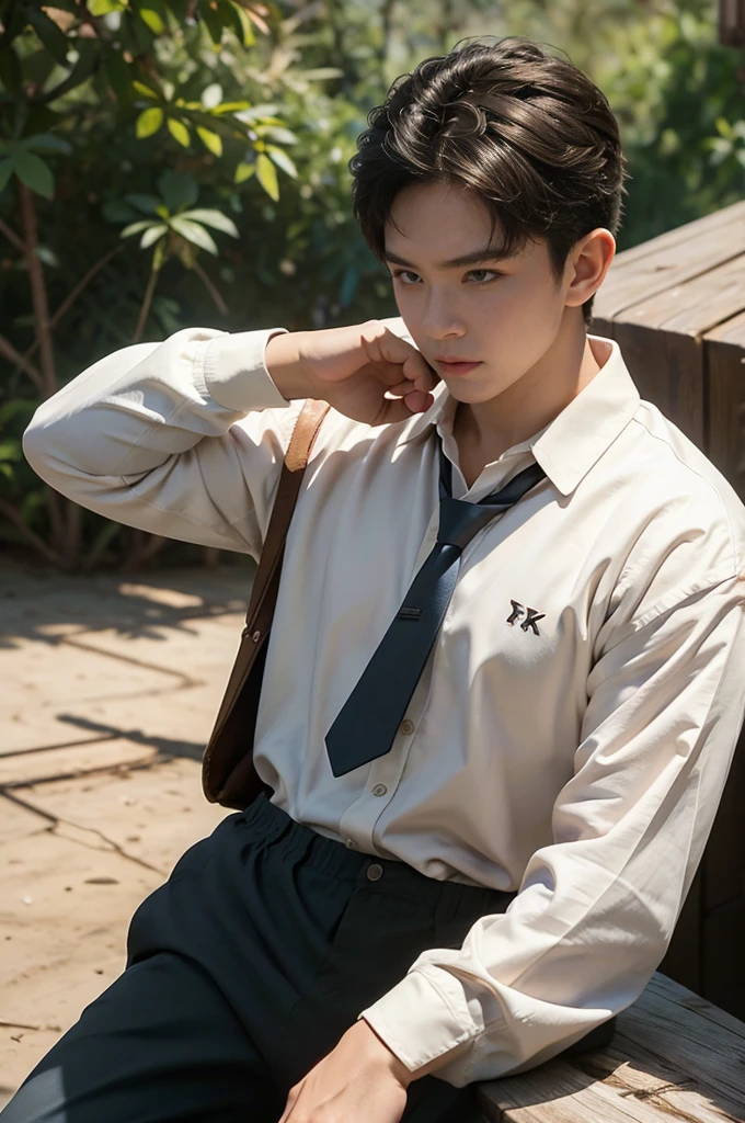 1 person, Muscular man, 25 years old, Wear a white long-sleeved shirt and tie., Bodice, soft light, Masterpiece, best quality, 8K Ultra HD, DSLR camera, Film texture, Midjourney และงานศิลปะการวาดภาพสมจริง Fujifilm XT3 ของ greg rutkowski