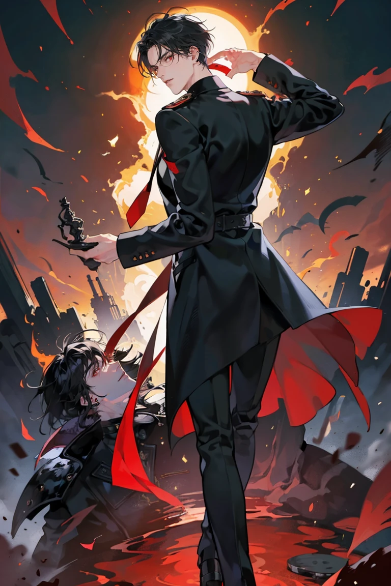 (masterpiece), best quality, seductive eyes, perfect face, handsome man, red eyes, short messy black hair, long nose, black polo, black leather coat, black pants, red necktie, peaked cap, full body, extremely tall man, long legs, long calves, anime cover, 1boy, ear piercings, hands in pockets, adult-like look, bad boy, there's burning flowers in the background and there's fire all over his surroundings, he's looking back at the camera while he's turned around